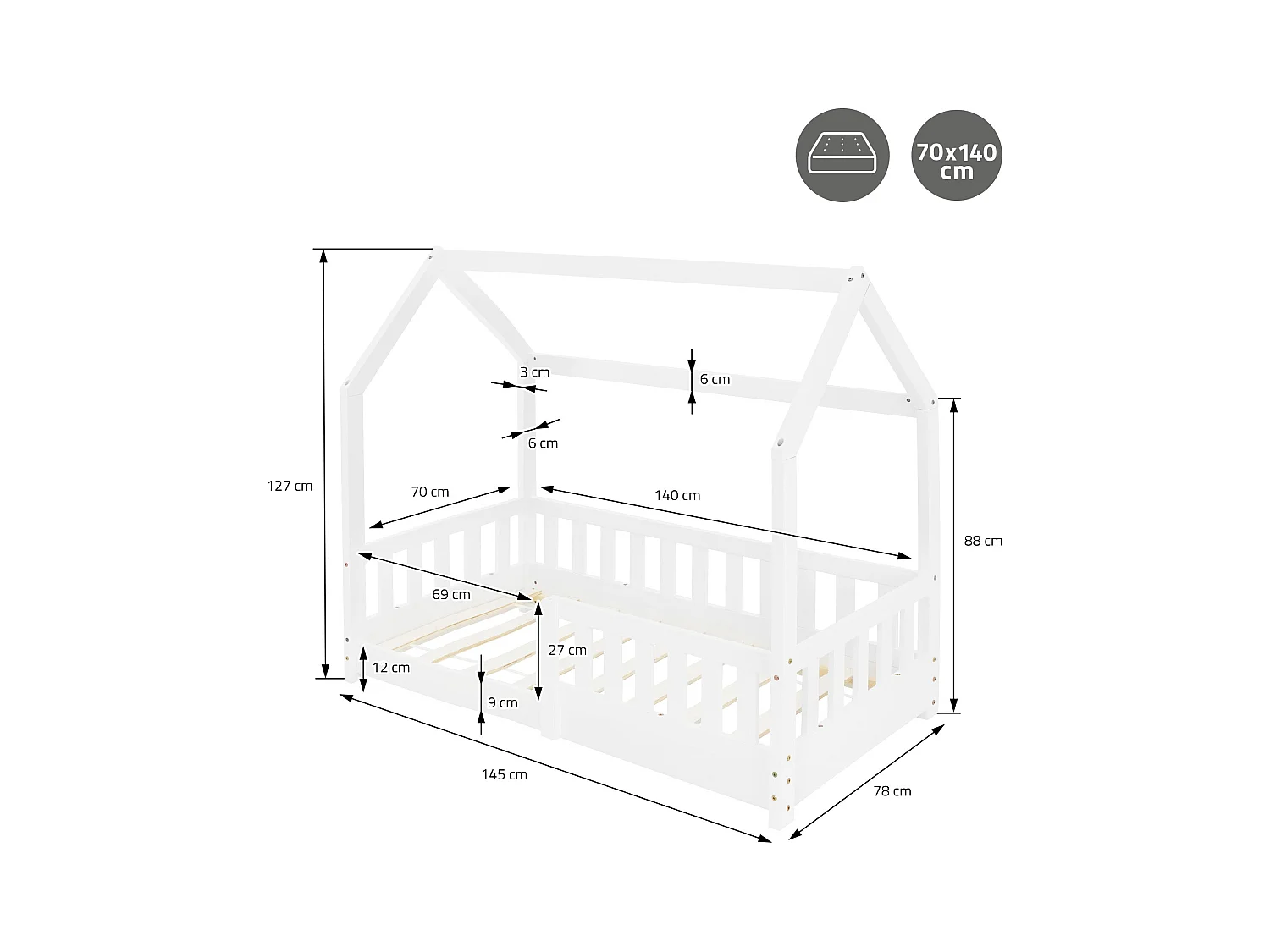 Lit d'enfants 70x140 cm blanc forme de maison en bois de pin massif avec matelas housse amovible sommier à lattes anti-chute pour filles garçons