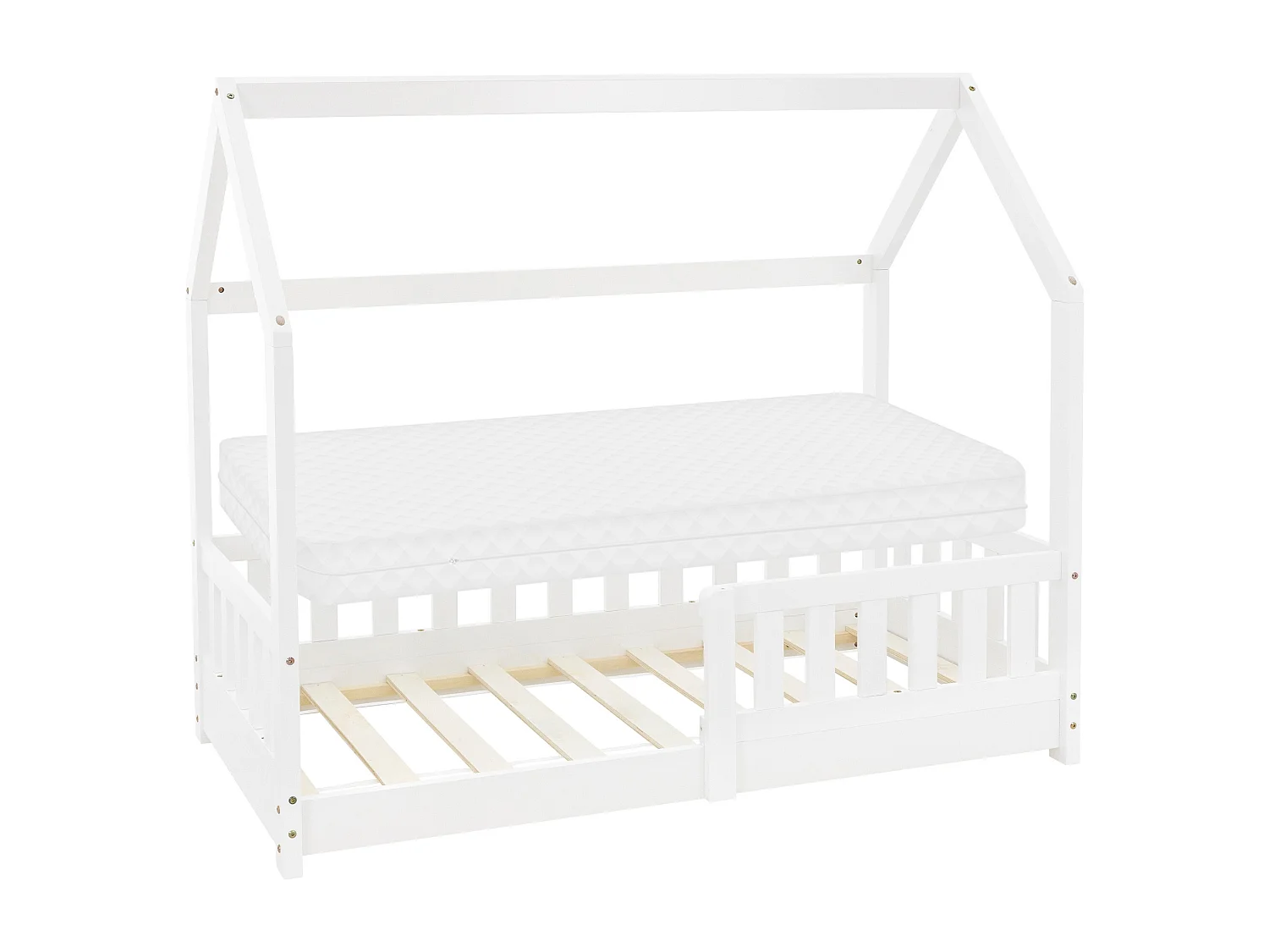ML-Design Cama infantil 70 x 140 cm color blanco con colchón de espuma fría y somier estructura de listones con techo forma de casa