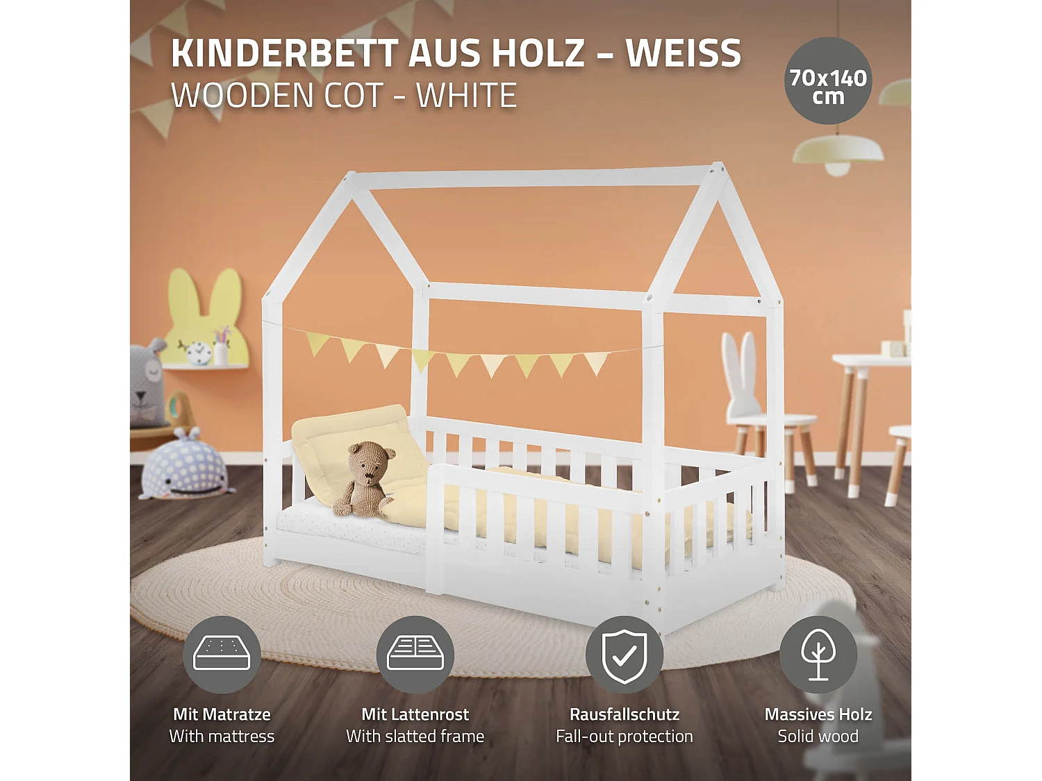 ML-Design Cama infantil 70 x 140 cm color blanco con colchón de espuma fría y somier estructura de listones con techo forma de casa