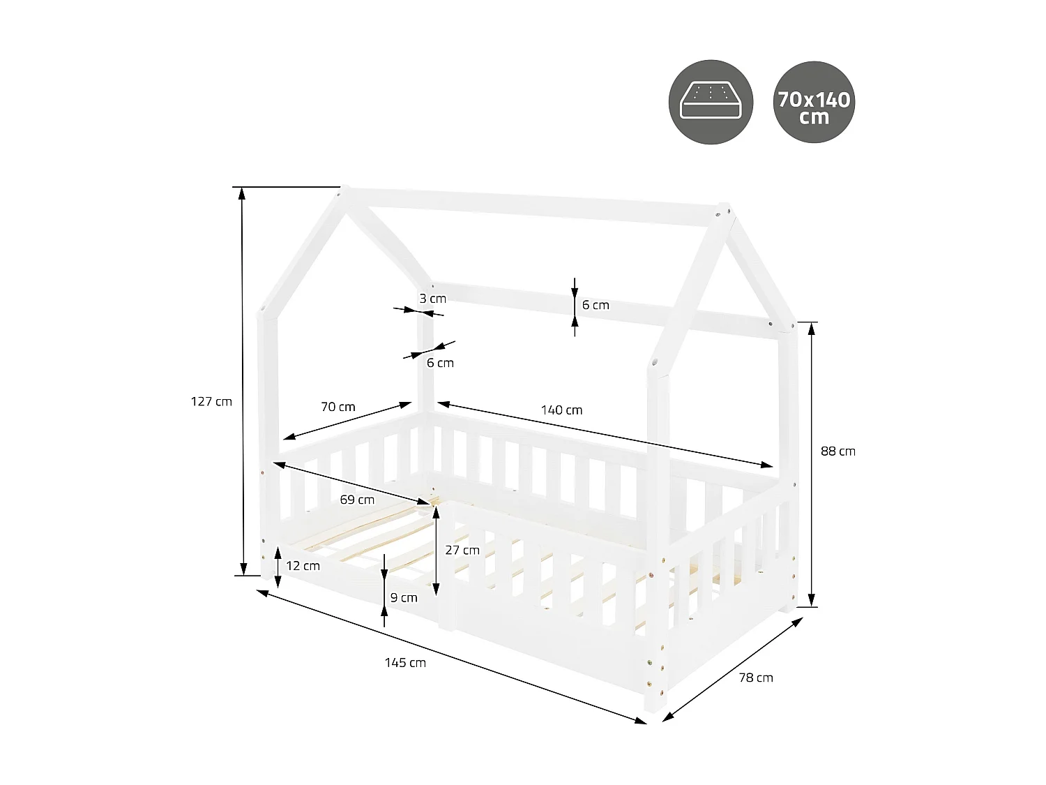 ML-Design Cama infantil 70 x 140 cm color blanco con colchón de espuma fría y somier estructura de listones con techo forma de casa