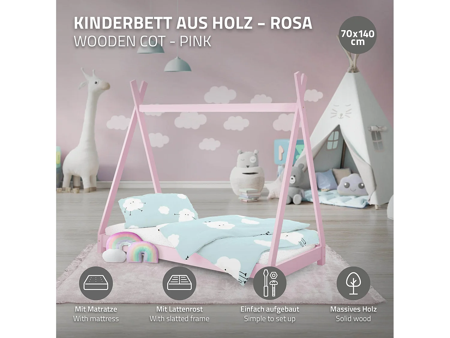 Lit d'enfants Tipi 70x140cm rose style indien cadre bois de pin massif avec matelas hypoallergénique housse amovible respirant et sommier à lattes