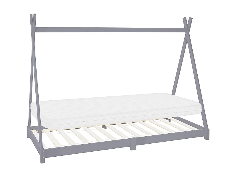 ML-Design Lettino tipi per bambini 90x200 cm grigio in pino massiccio con rete a doghe, materasso in schiuma fredda e design tenda stile montessori