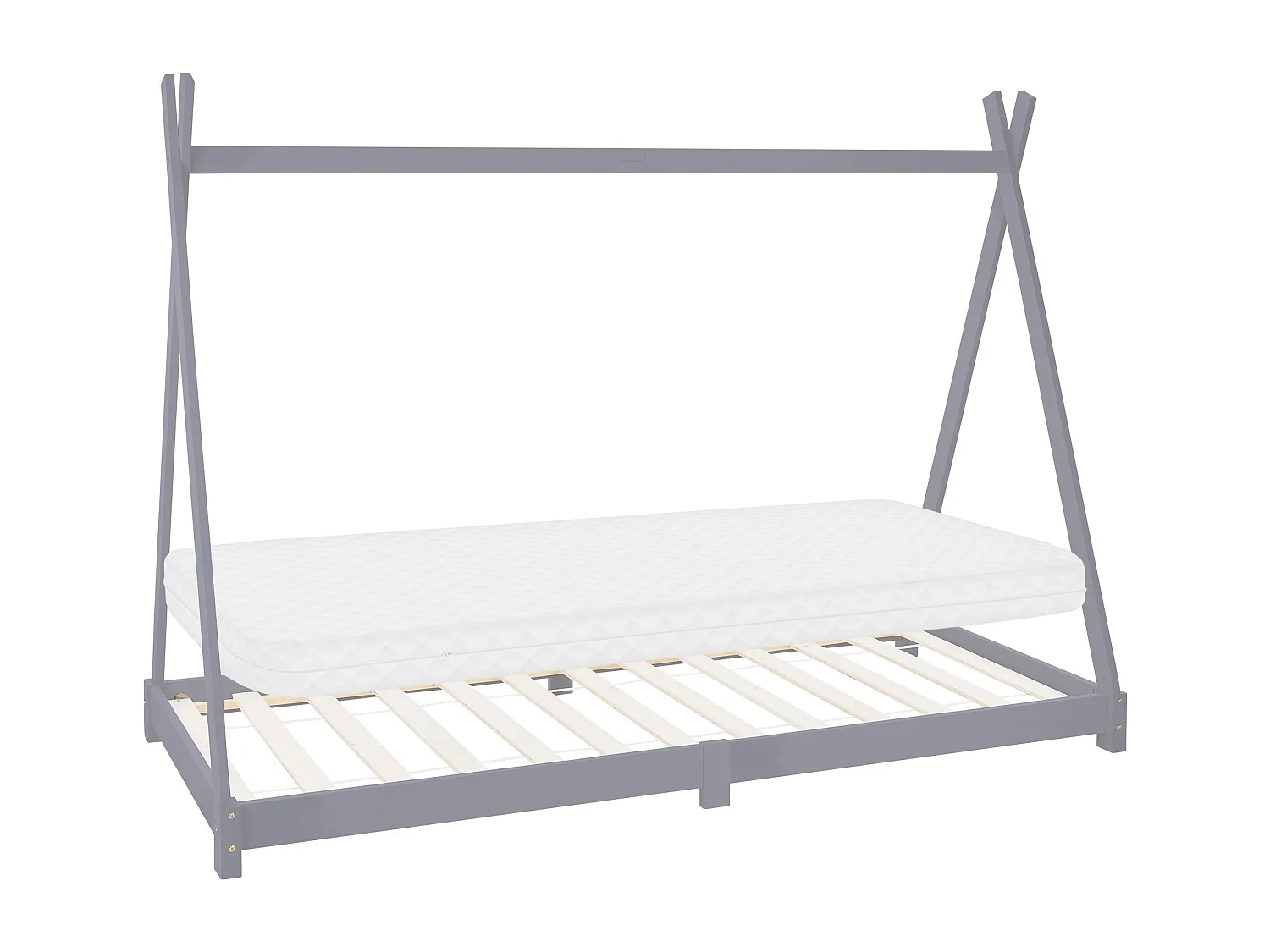 Lit d'enfants Tipi 90x200 cm gris clair cadre style indien en bois de pin massif matelas H:10 cm hypoallergénique housse amovible et sommier à lattes