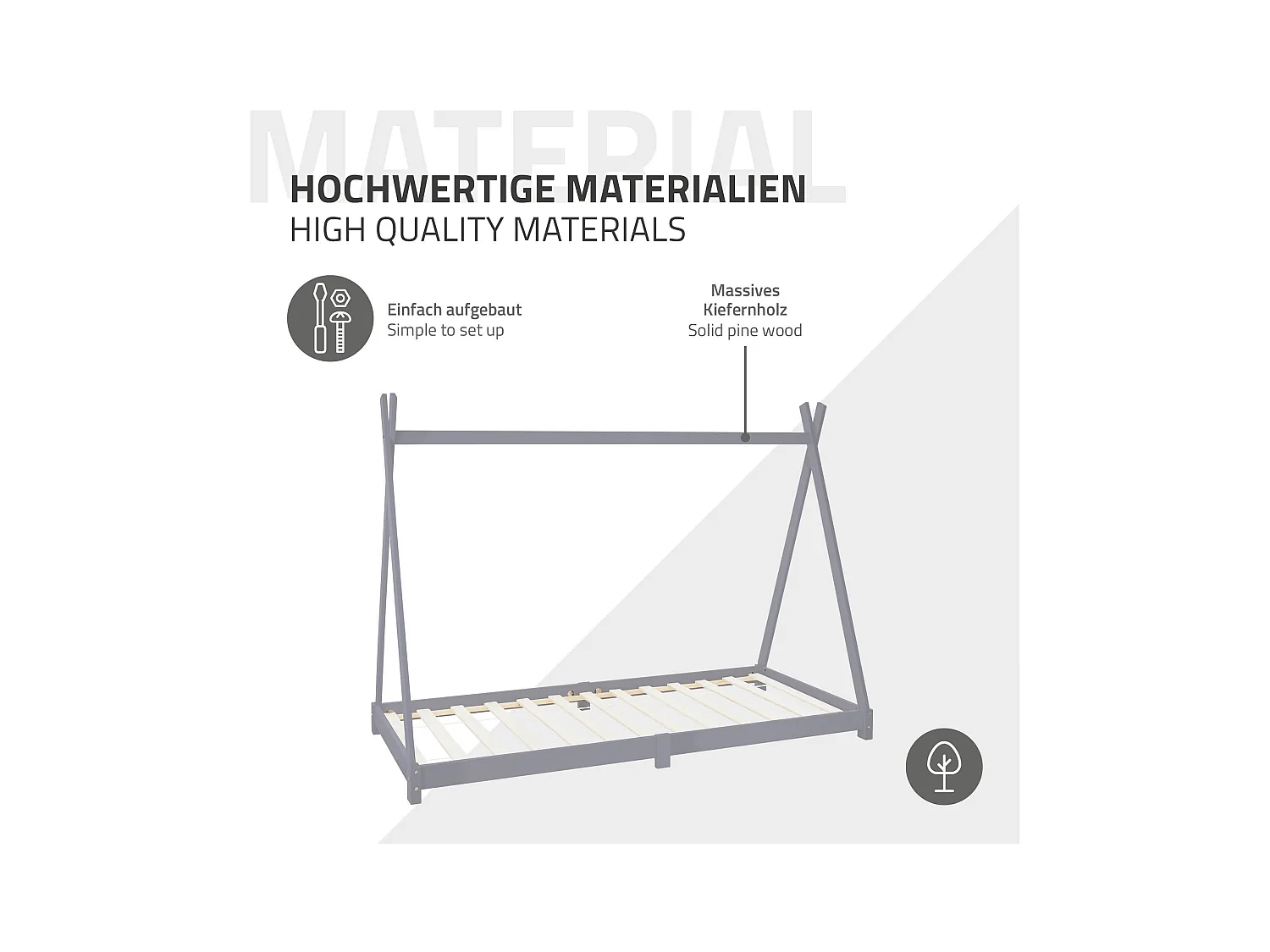 Lit d'enfants Tipi 90x200 cm gris clair cadre style indien en bois de pin massif matelas H:10 cm hypoallergénique housse amovible et sommier à lattes