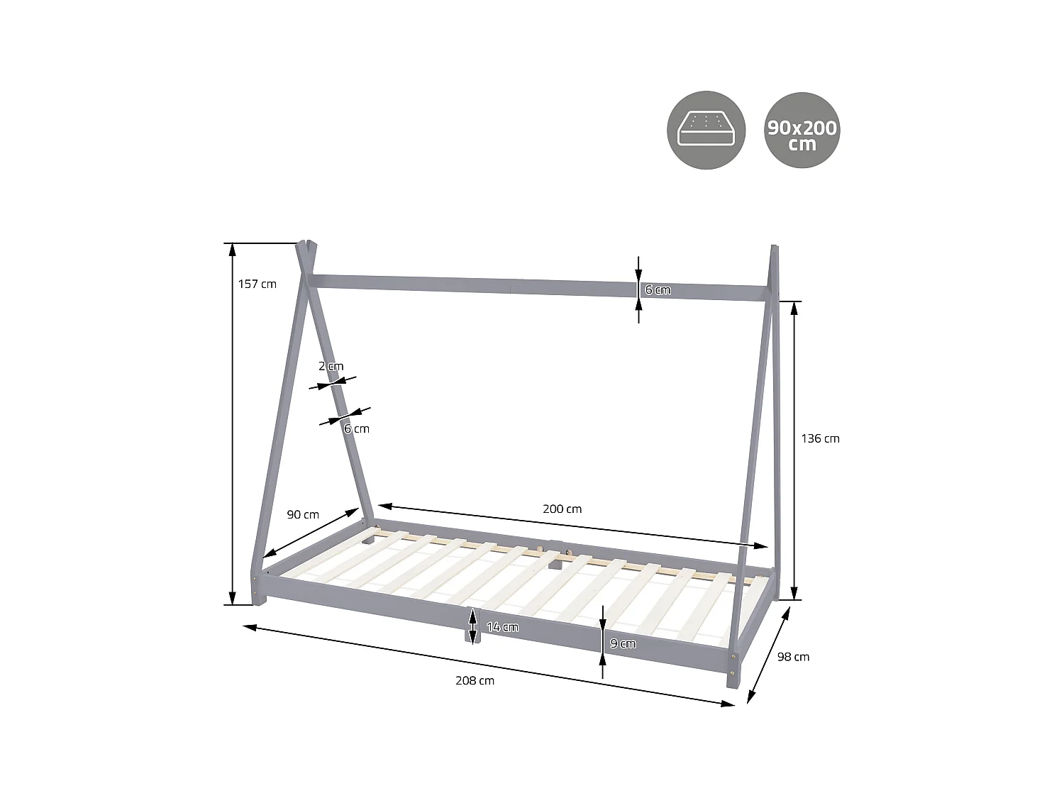 Lit d'enfants Tipi 90x200 cm gris clair cadre style indien en bois de pin massif matelas H:10 cm hypoallergénique housse amovible et sommier à lattes