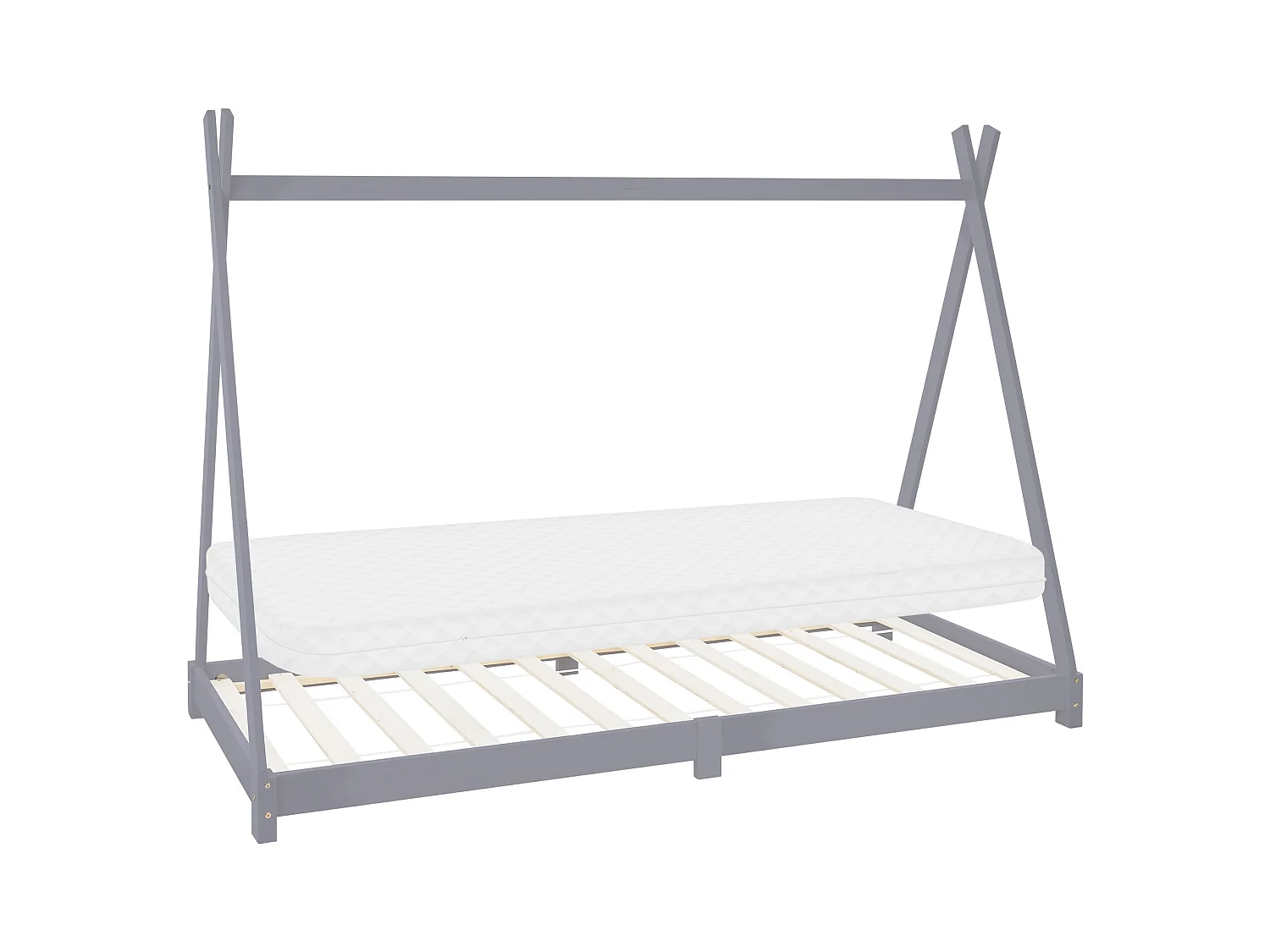 Lit d'enfants Tipi 90x200 cm gris clair cadre style indien en bois de pin massif matelas H:10 cm hypoallergénique housse amovible et sommier à lattes