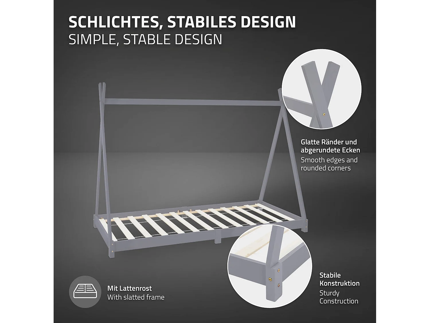 ML-Design Cama infantil tipi 90x200cm gris claro con colchón, protección anticaída y somier mobiliario con estructura de listones madera pino maciza