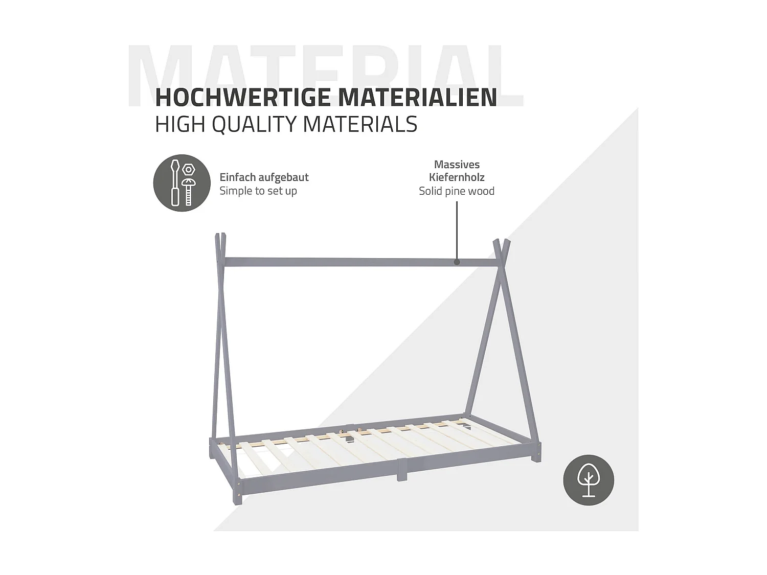 ML-Design Cama infantil tipi 90x200cm gris claro con colchón, protección anticaída y somier mobiliario con estructura de listones madera pino maciza