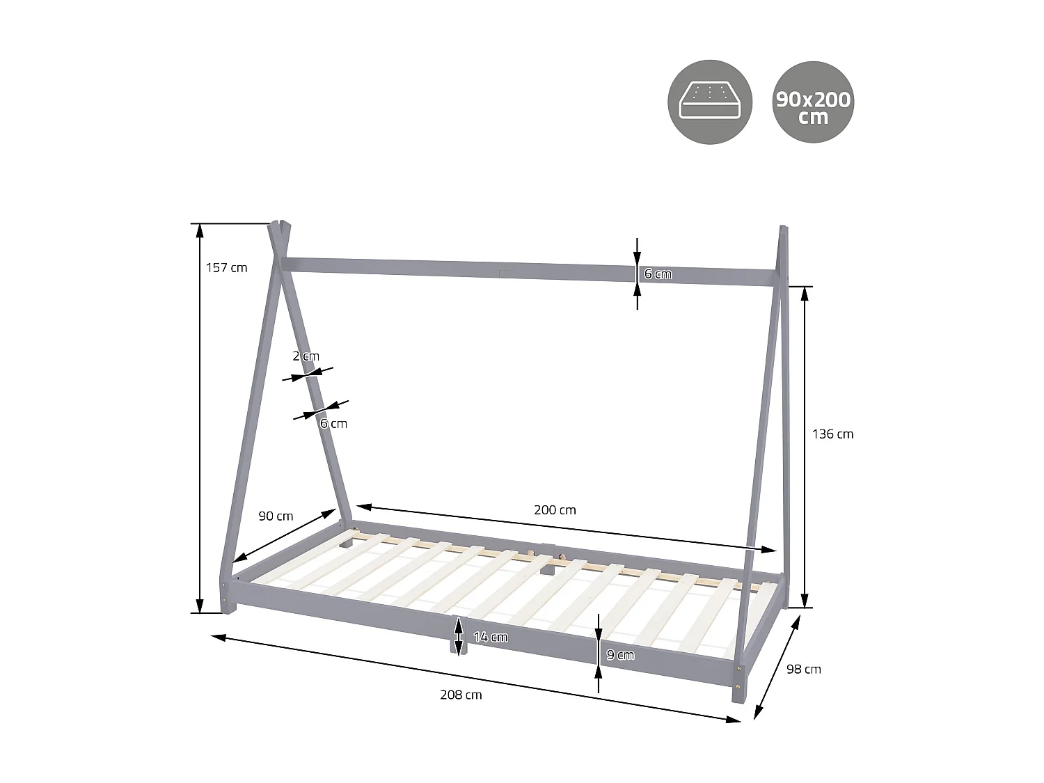 ML-Design Cama infantil tipi 90x200cm gris claro con colchón, protección anticaída y somier mobiliario con estructura de listones madera pino maciza