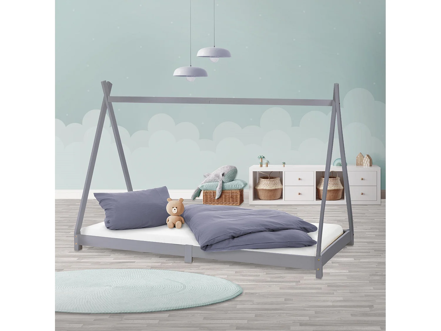ML-Design Lettino per bambini design tepee 90x 200 cm letto basso a forma di tenda indiana, legno pino massiccio grigio chiaro per cameretta bimbi