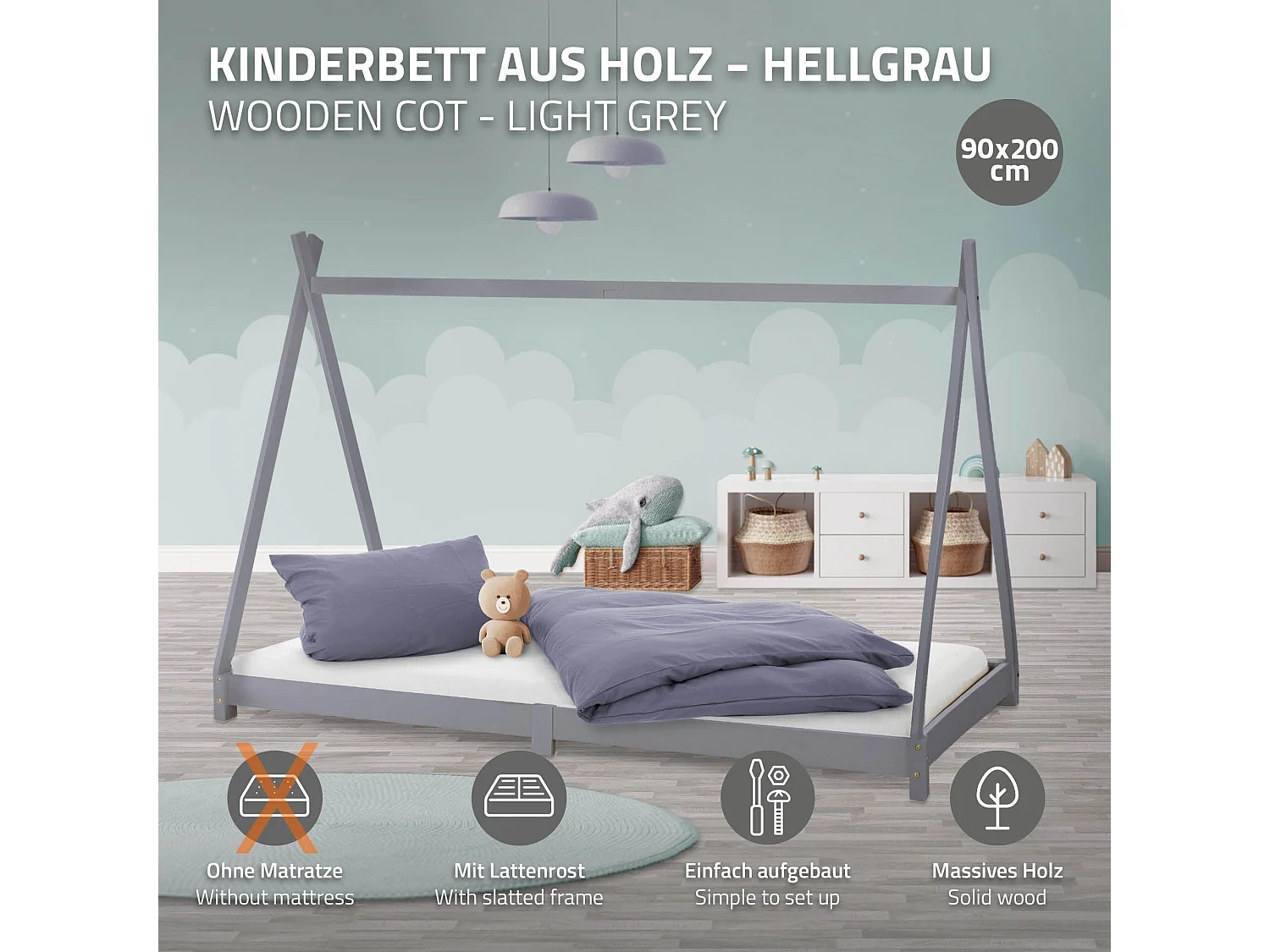 ML-Design Lettino per bambini design tepee 90x 200 cm letto basso a forma di tenda indiana, legno pino massiccio grigio chiaro per cameretta bimbi