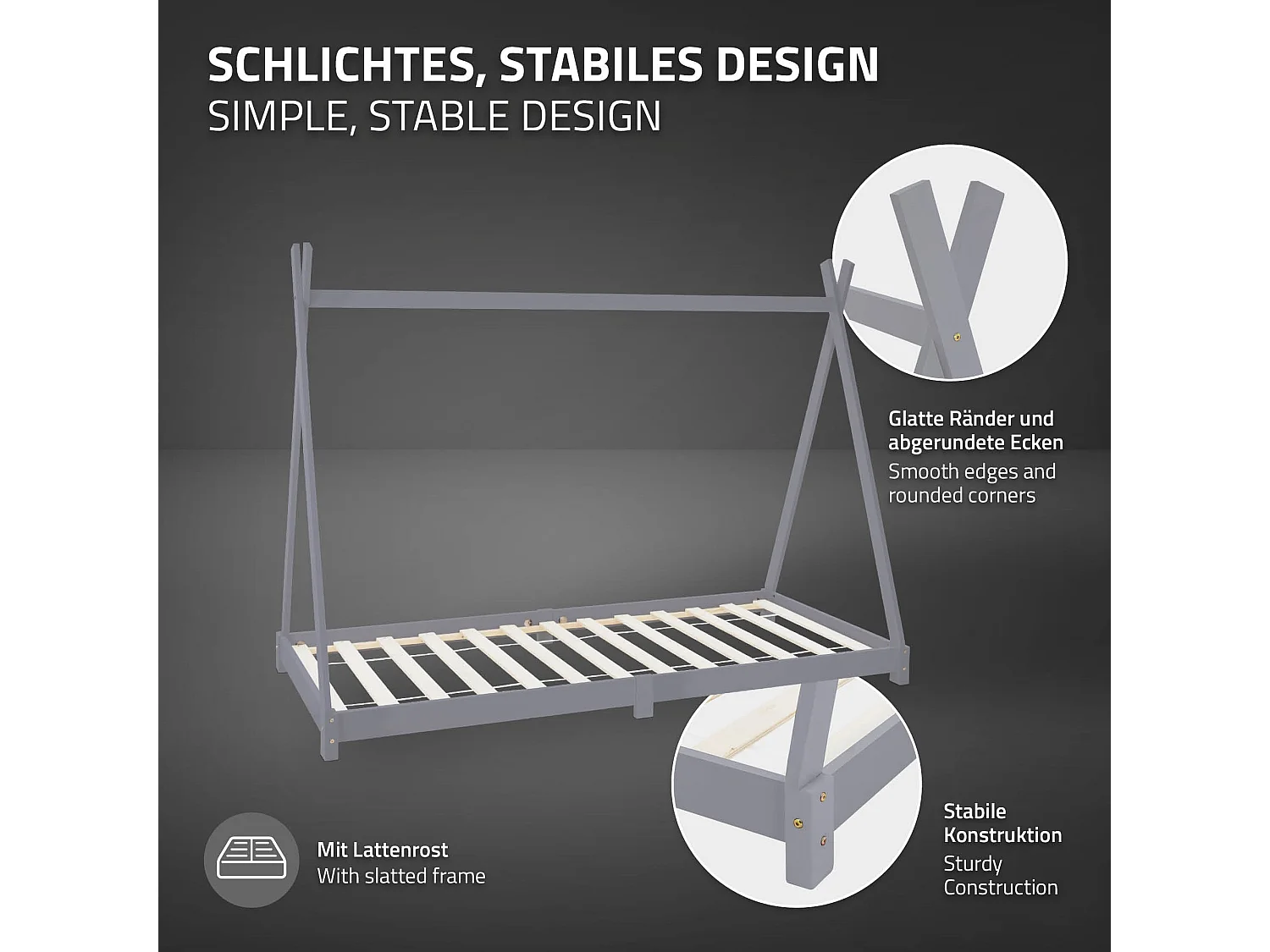 ML-Design Lettino per bambini design tepee 90x 200 cm letto basso a forma di tenda indiana, legno pino massiccio grigio chiaro per cameretta bimbi