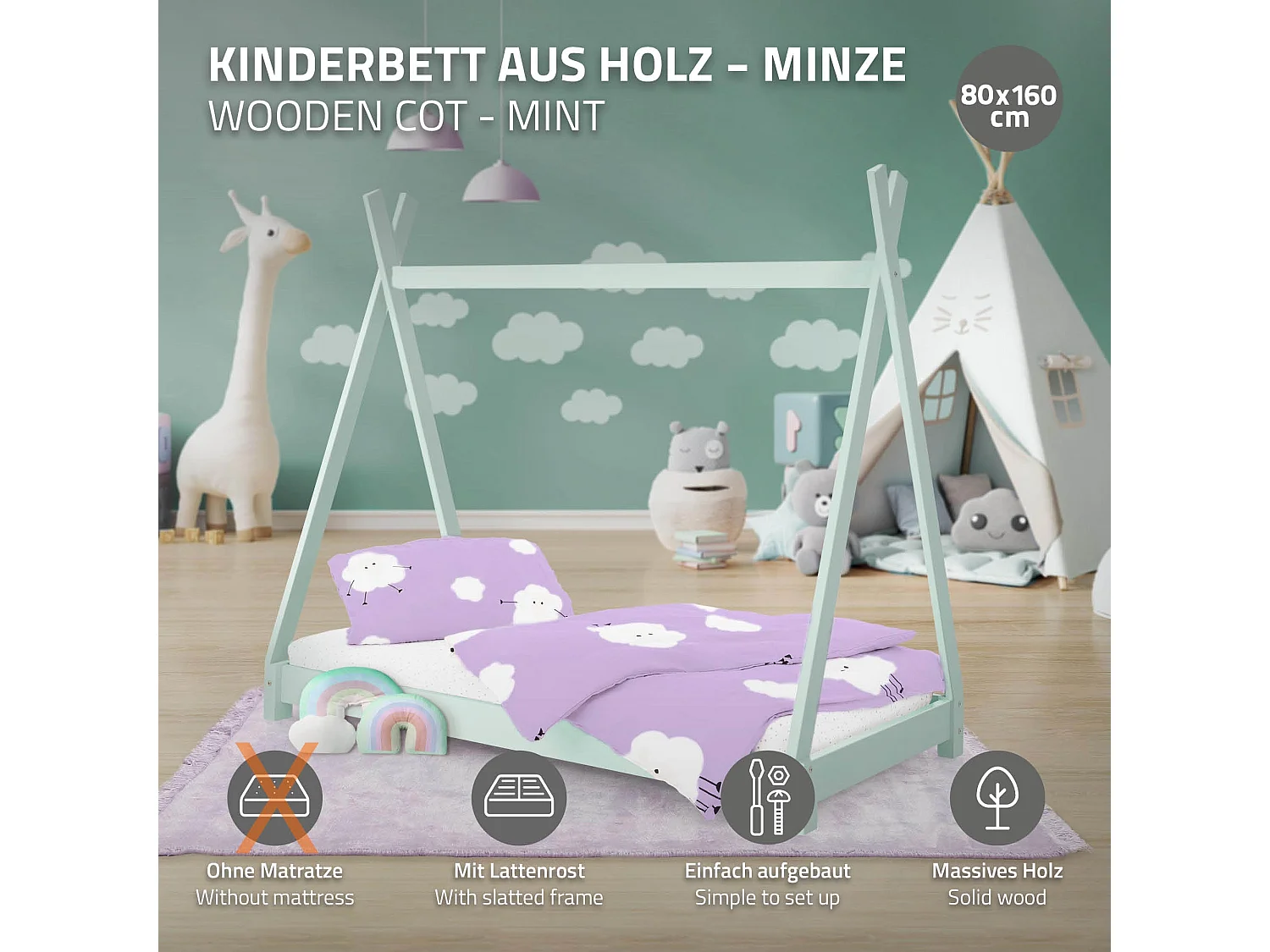 ML-Design Lettino bambini tepee 80x160 cm in legno di pino massiccio menta con rete a doghe, letto basso a forma di tenda per cameretta bimbi