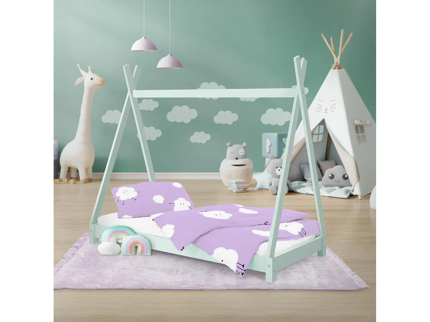 ML-Design Lettino bambini tepee 80x160 cm in legno di pino massiccio menta con rete a doghe, letto basso a forma di tenda per cameretta bimbi