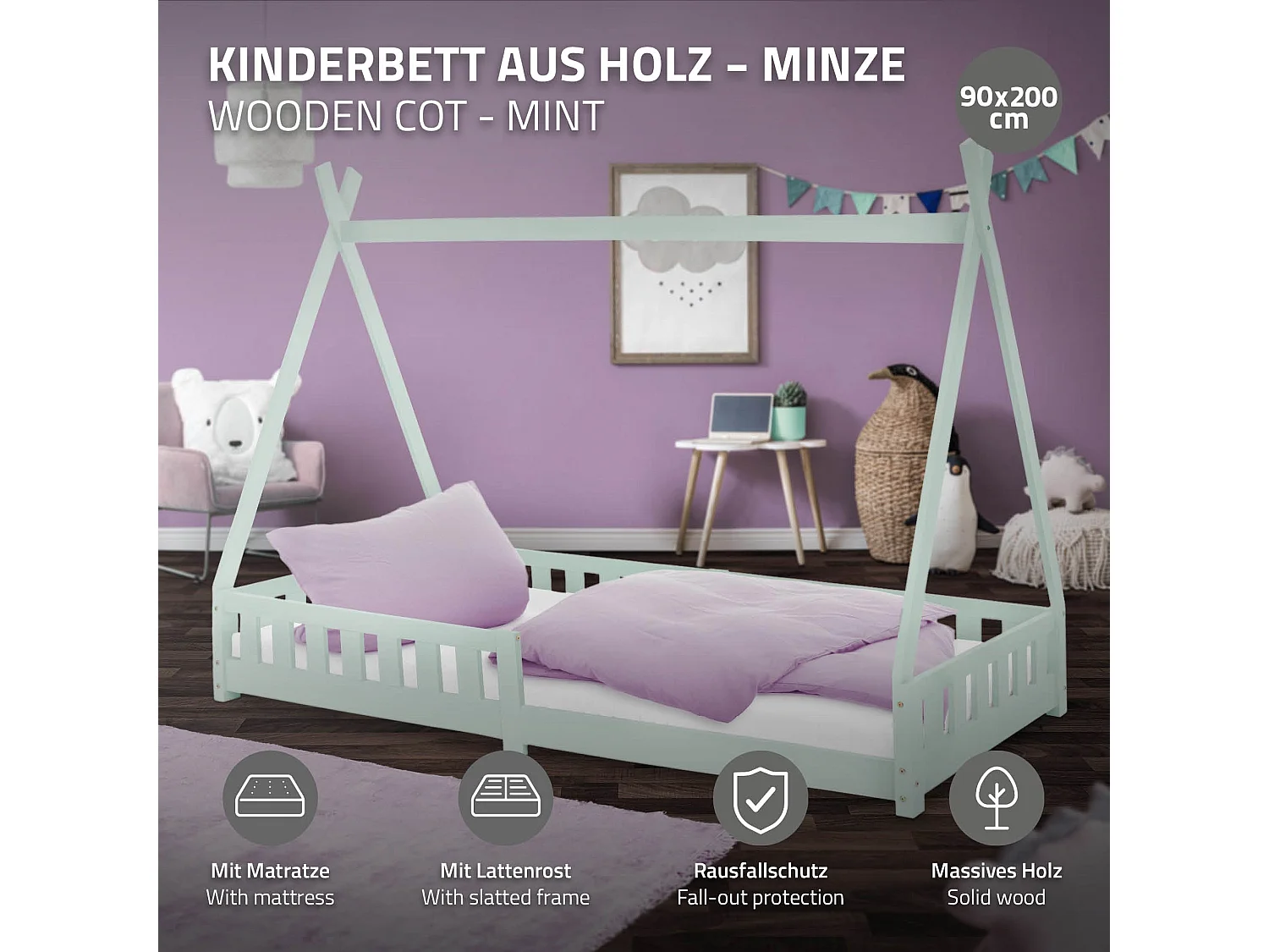 Lit d'enfants Tipi 90x200 cm menthe style indien cadre en bois de pin massif avec matelas H:10 cm hypoallergénique housse amovible et sommier à lattes