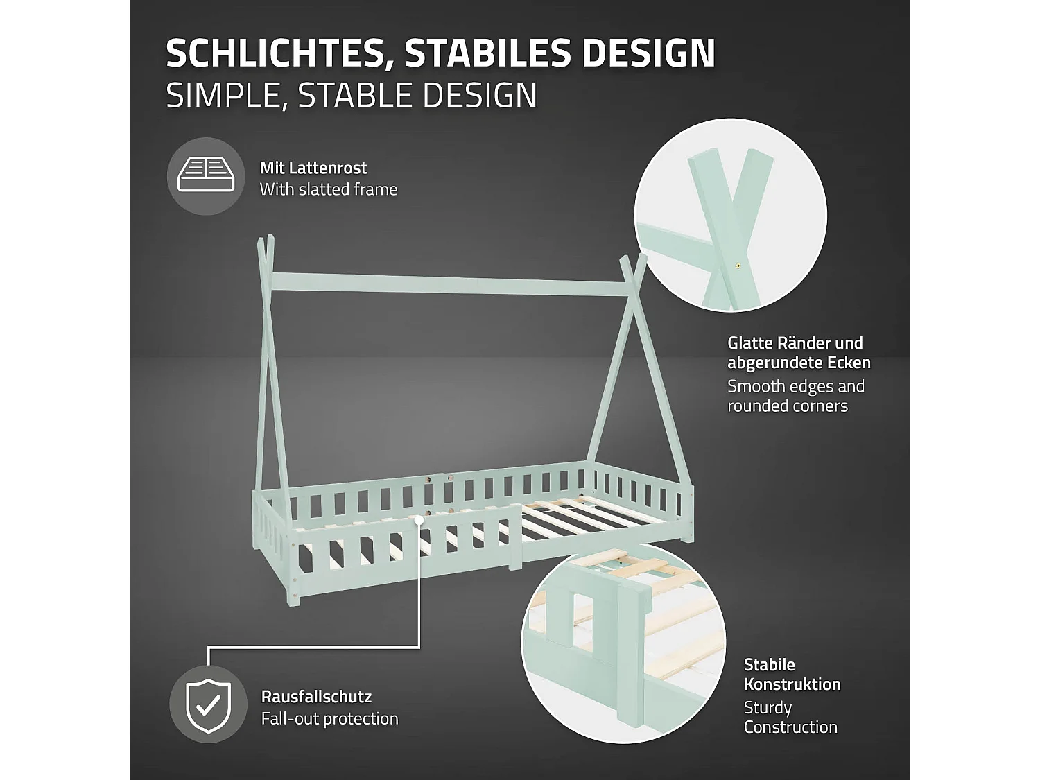 Lit d'enfants Tipi 90x200 cm menthe style indien cadre en bois de pin massif avec matelas H:10 cm hypoallergénique housse amovible et sommier à lattes