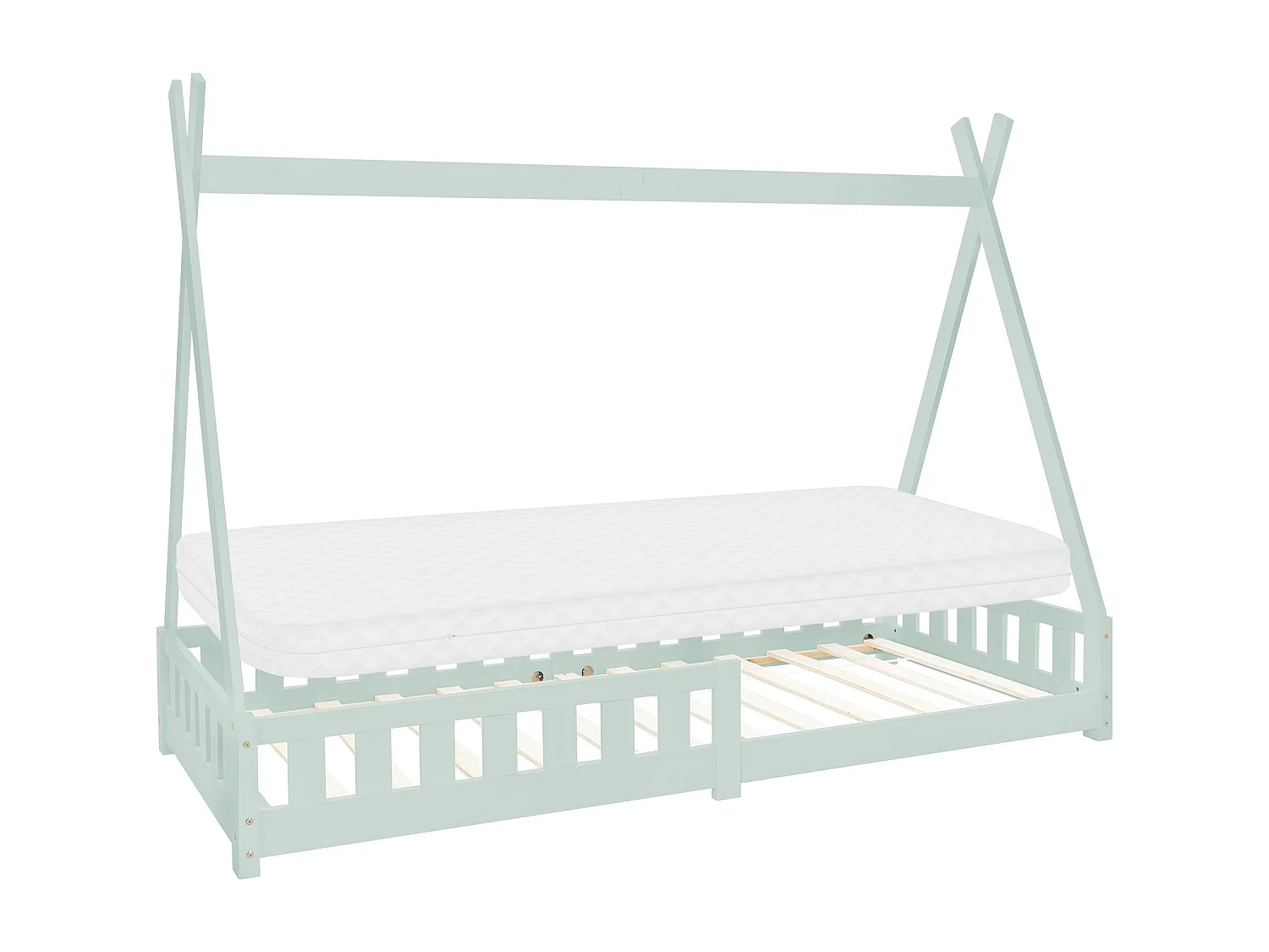 ML-Design Cama infantil tipi 90x200 cm color menta con colchón, protección anticaída y somier mobiliario con estructura de listones madera pino maciza