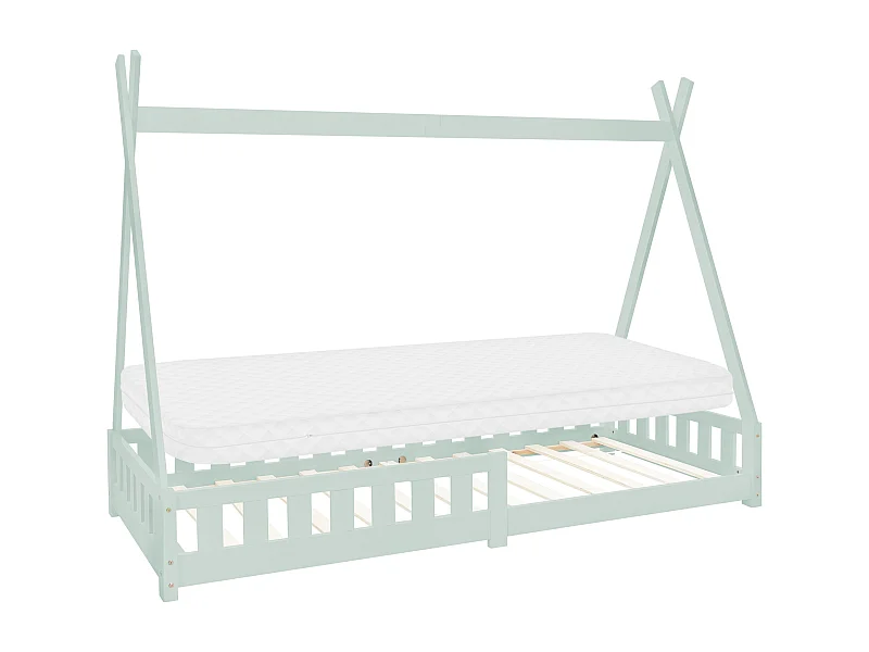 Lit d'enfants Tipi 90x200 cm menthe style indien cadre en bois de pin massif avec matelas H:10 cm hypoallergénique housse amovible et sommier à lattes