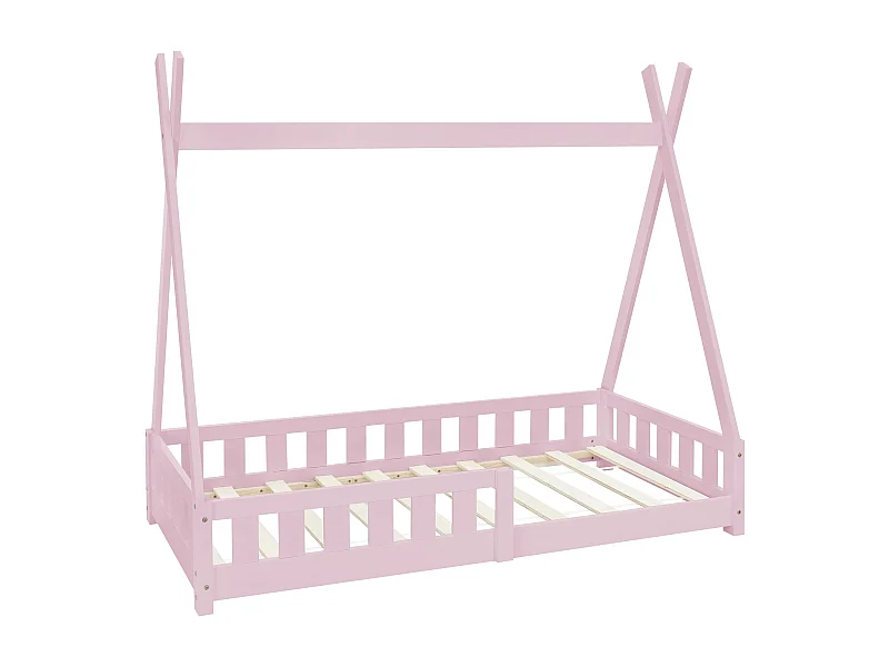 ML-Design Cama infantil tipi 80x160cm color rosa  con protección anticaída y somier mobiliario con estructura de listones madera de pino maciza