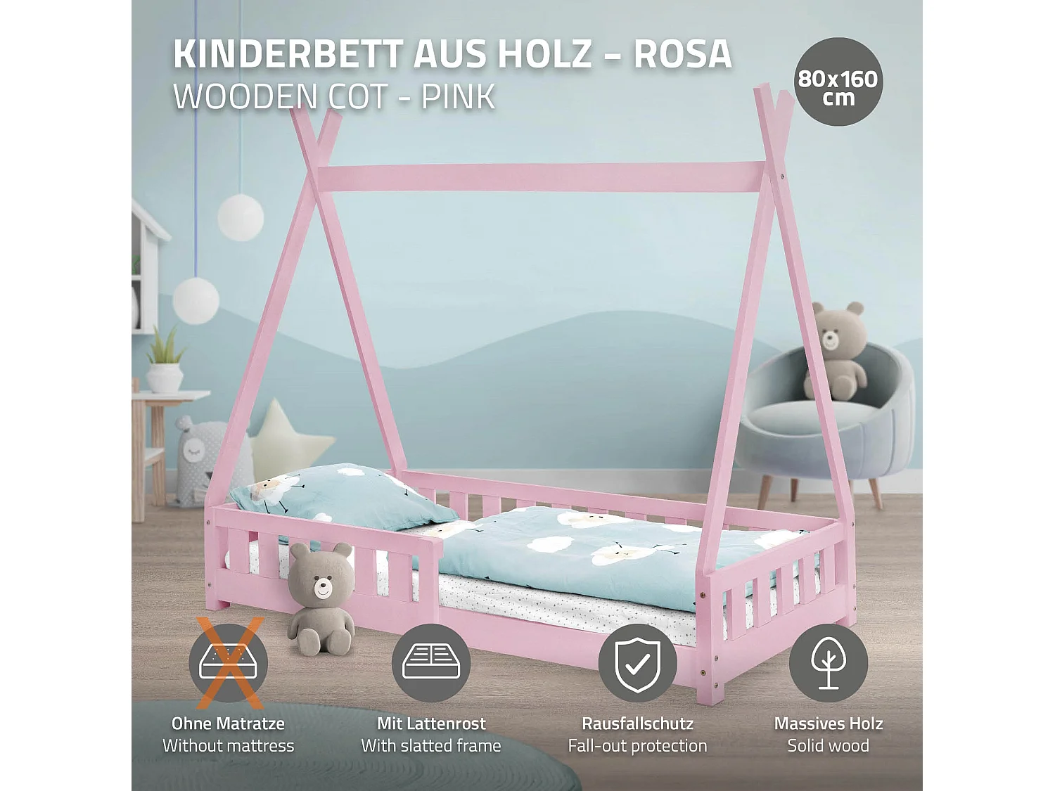 ML-Design Lettino tepee per bambini 80x 160 cm con sponde, letto tenda indiana in legno di pino massiccio rosa per cameretta bimbi