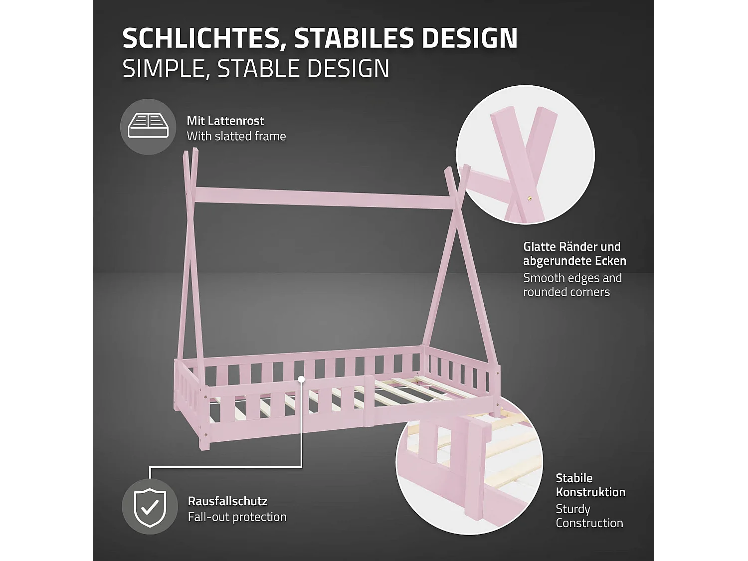 ML-Design Lettino tepee per bambini 80x 160 cm con sponde, letto tenda indiana in legno di pino massiccio rosa per cameretta bimbi