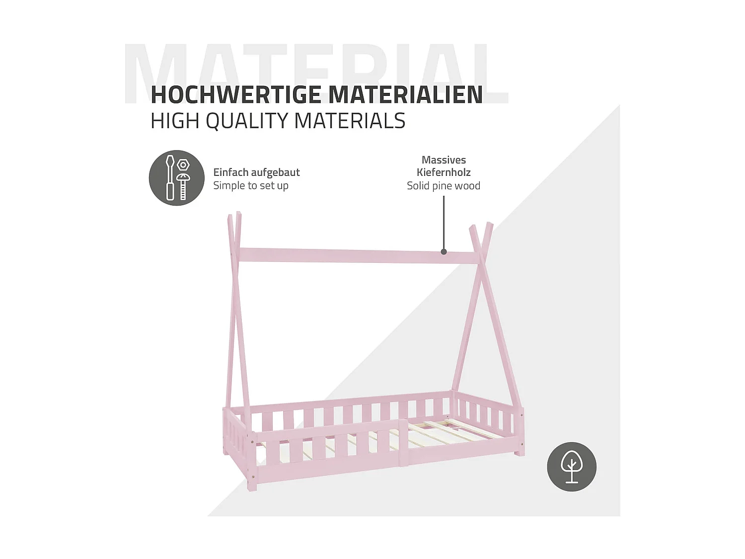 ML-Design Lettino tepee per bambini 80x 160 cm con sponde, letto tenda indiana in legno di pino massiccio rosa per cameretta bimbi