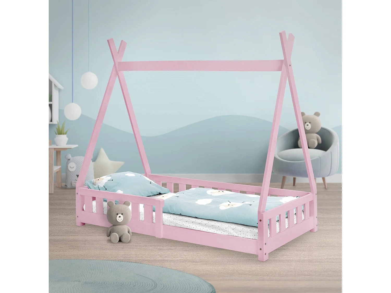 ML-Design Lettino tepee per bambini 80x 160 cm con sponde, letto tenda indiana in legno di pino massiccio rosa per cameretta bimbi