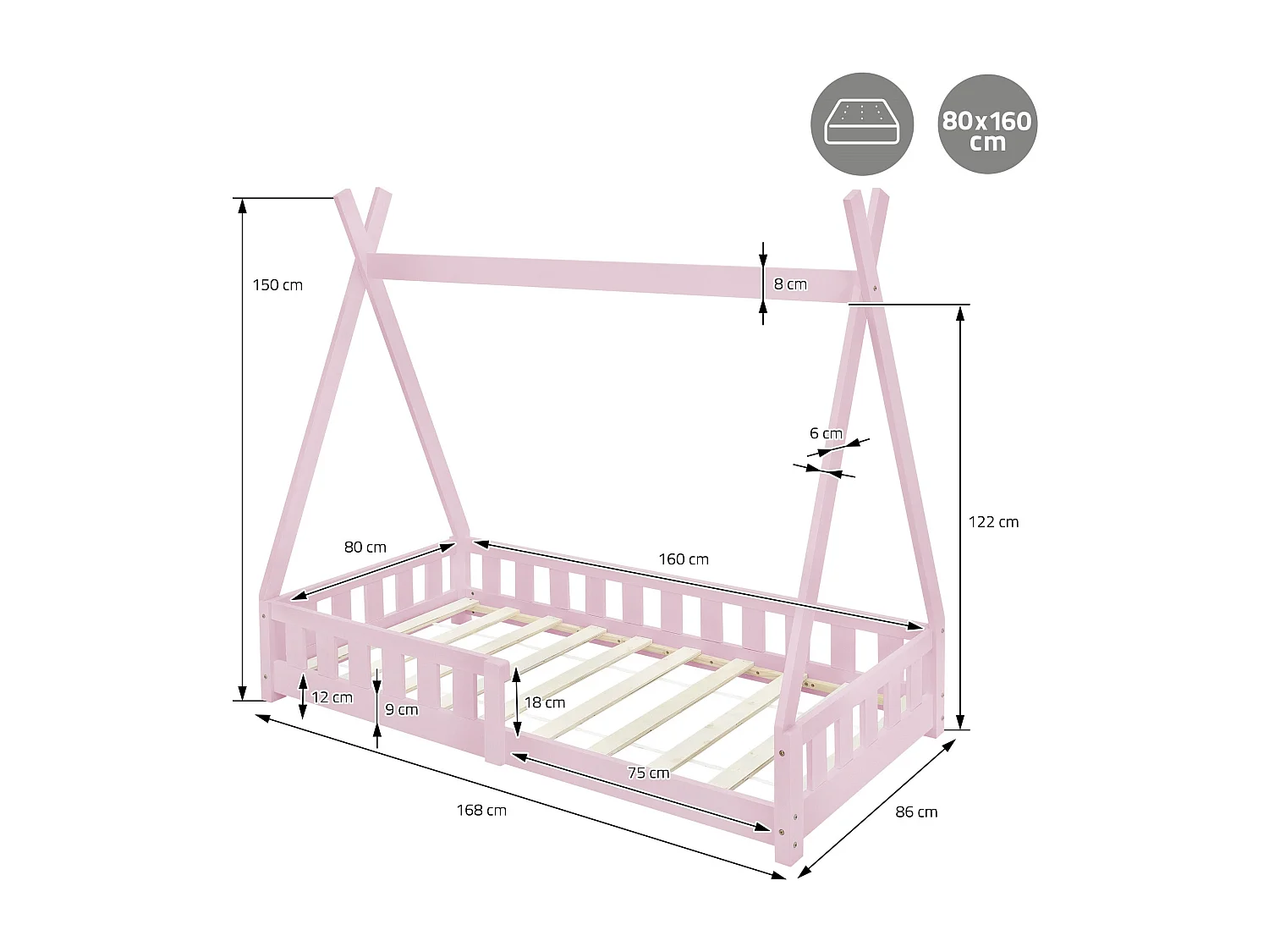Lit d'enfants Tipi 80x160 cm rose style indien avec clôture et sommier à lattes grille de sécurité en bois de pin tente de jeu pour filles/garçons