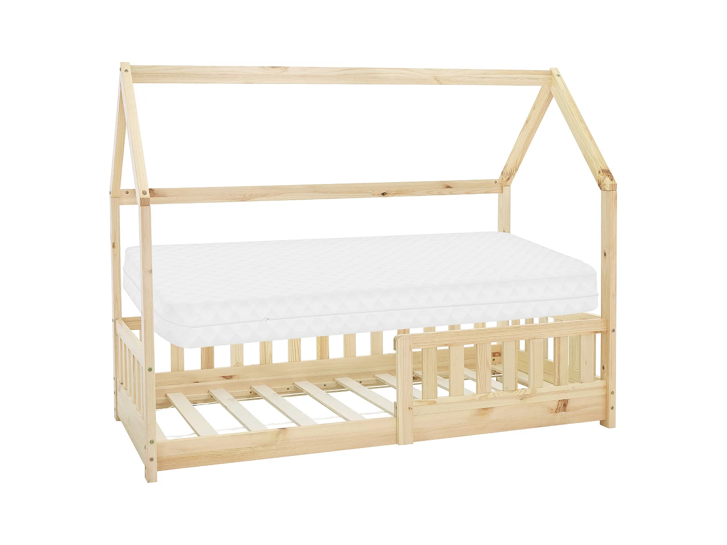Lit d'enfants 80x160 cm naturel forme de maison en bois de pin massif avec matelas housse amovible sommier à lattes anti-chute pour filles garçons