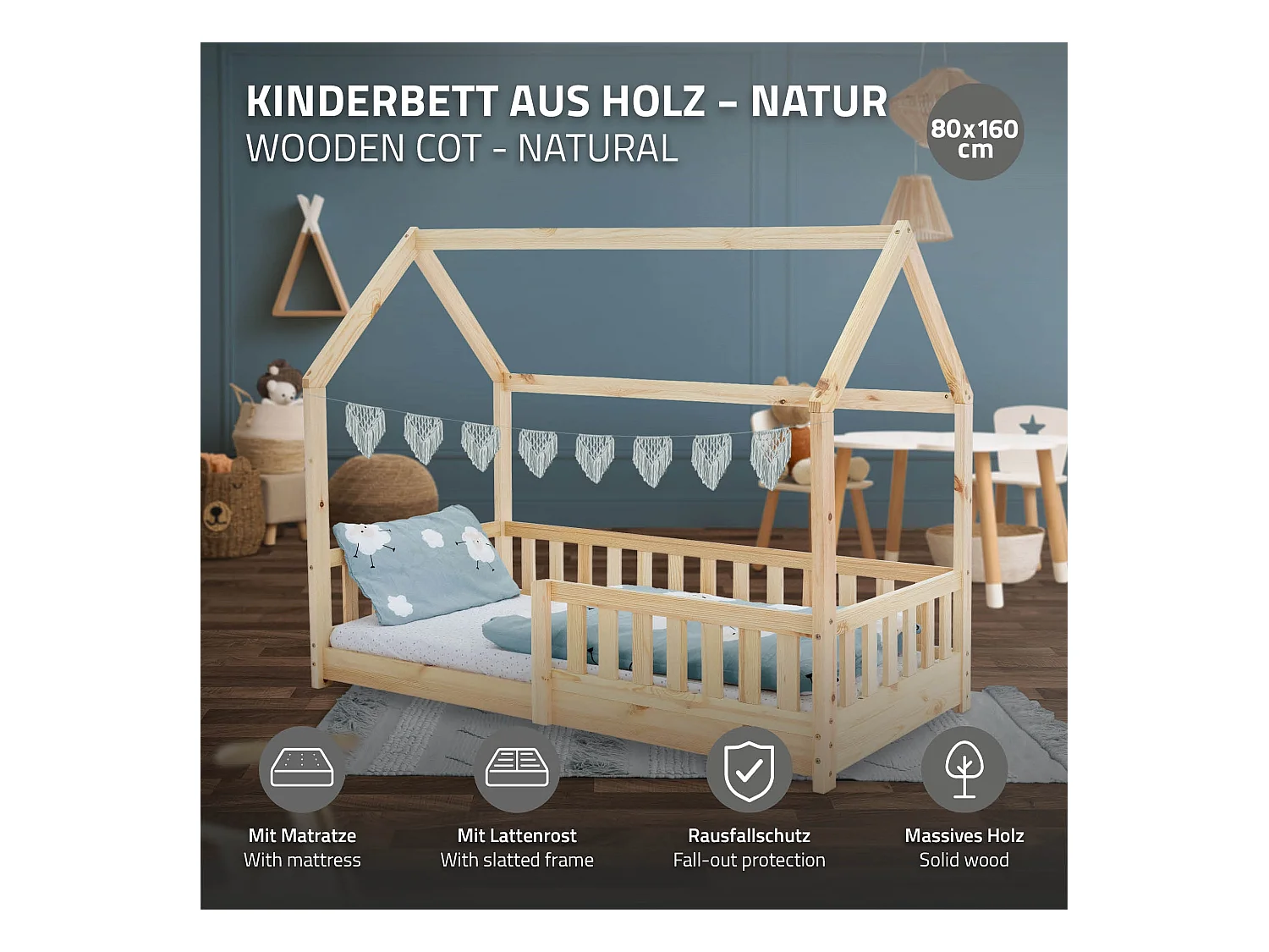 Lit d'enfants 80x160 cm naturel forme de maison en bois de pin massif avec matelas housse amovible sommier à lattes anti-chute pour filles garçons
