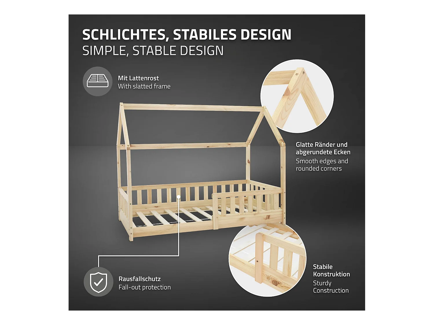 Lit d'enfants 80x160 cm naturel forme de maison en bois de pin massif avec matelas housse amovible sommier à lattes anti-chute pour filles garçons