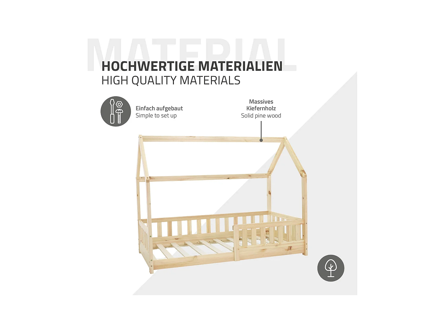 Lit d'enfants 80x160 cm naturel forme de maison en bois de pin massif avec matelas housse amovible sommier à lattes anti-chute pour filles garçons