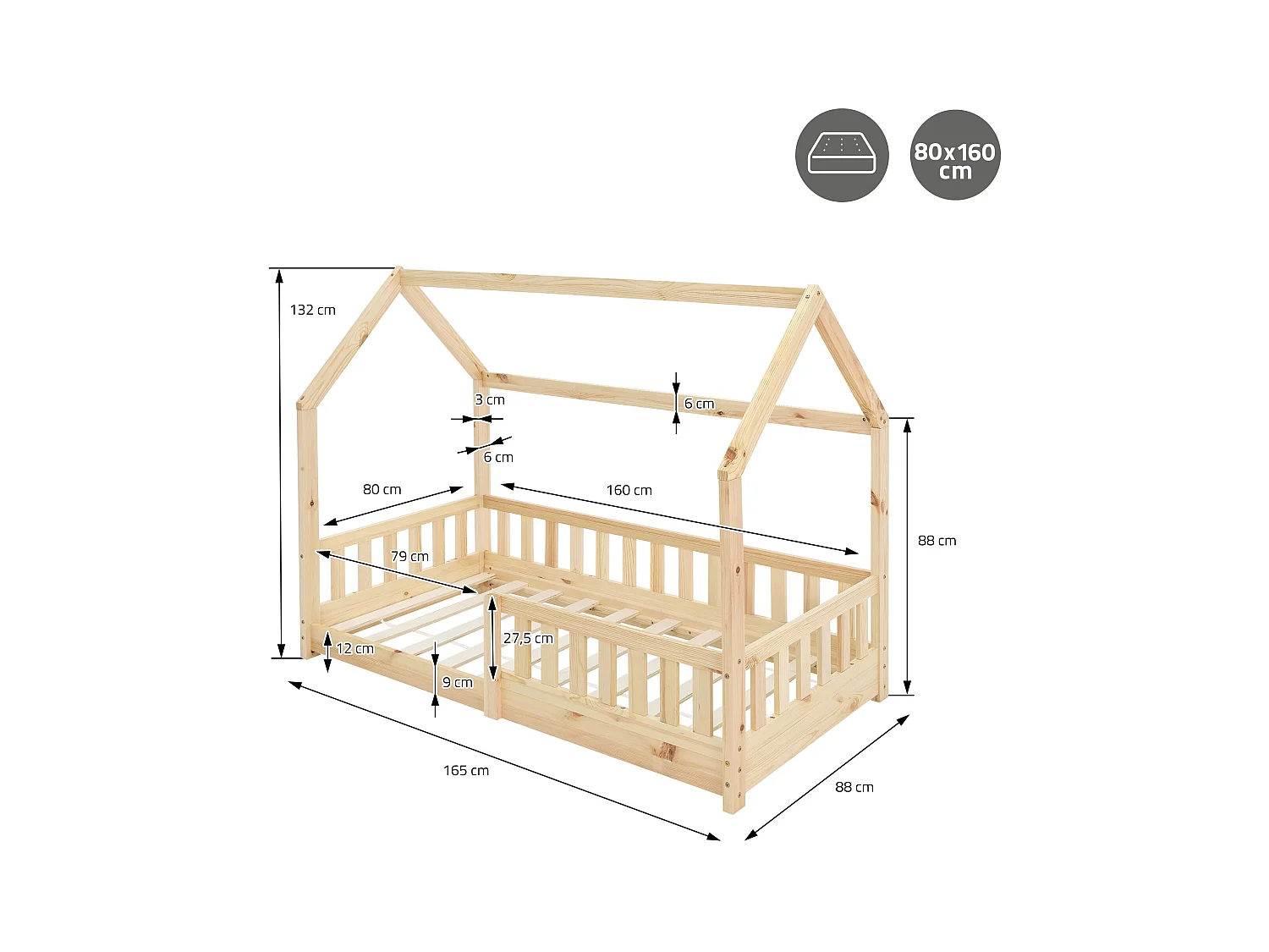 Lit d'enfants 80x160 cm naturel forme de maison en bois de pin massif avec matelas housse amovible sommier à lattes anti-chute pour filles garçons