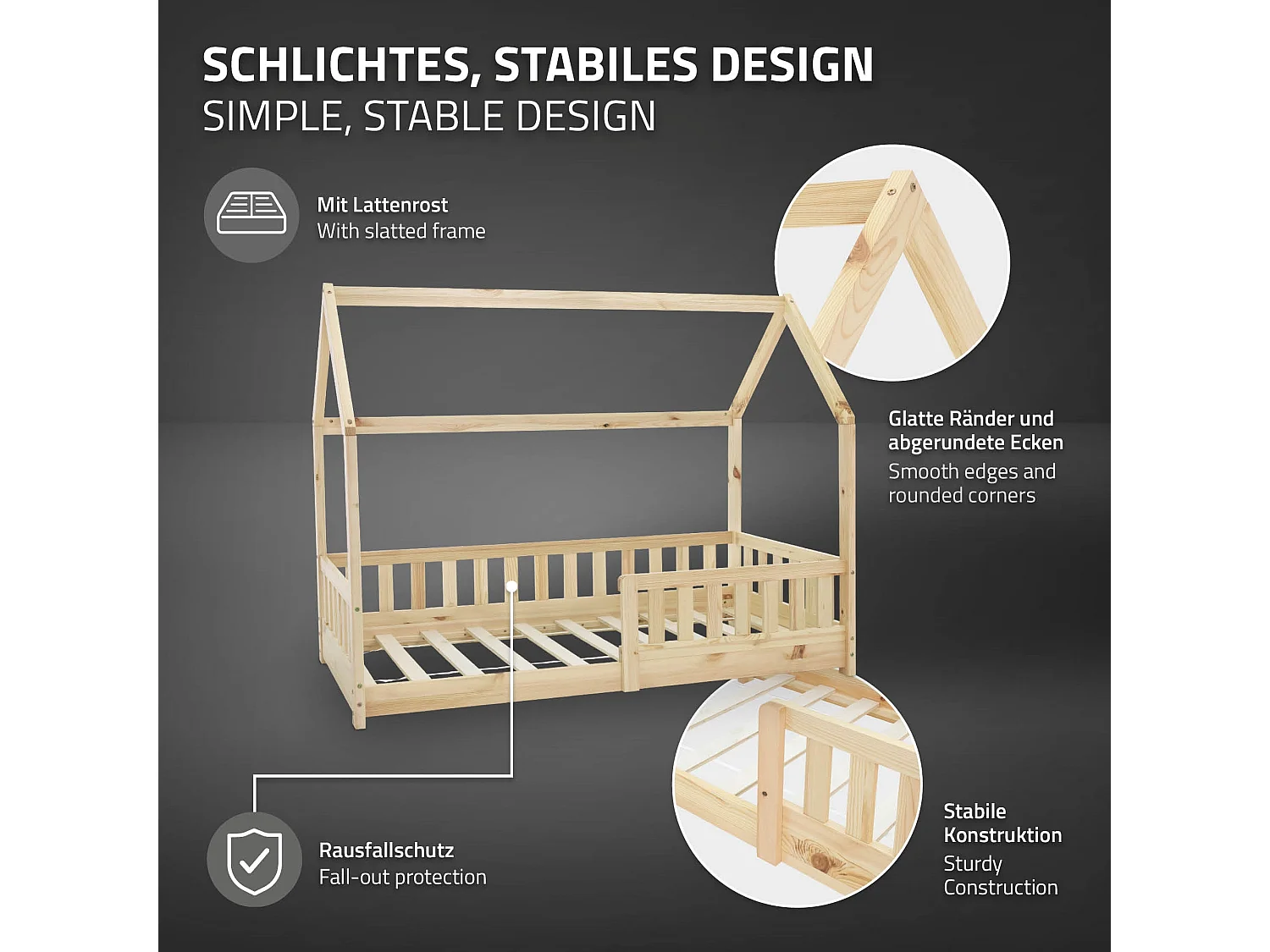 ML-Design Cama infantil 80 x 160 cm color natural con colchón de espuma fría y somier estructura de listones con techo forma de casa