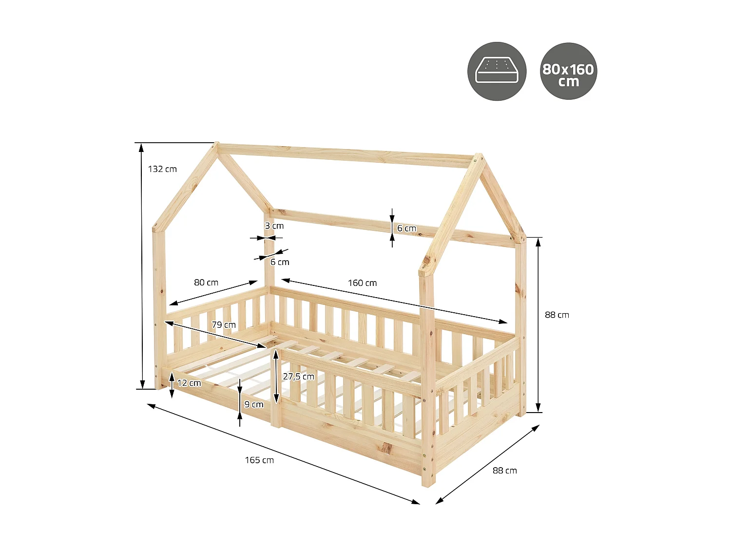 ML-Design Cama infantil 80 x 160 cm color natural con colchón de espuma fría y somier estructura de listones con techo forma de casa