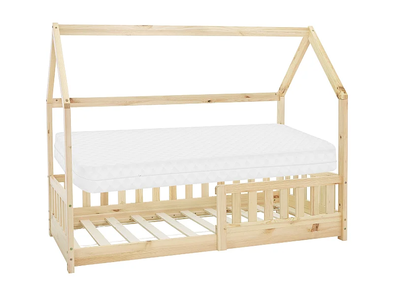 Lit d'enfants 80x160 cm naturel forme de maison en bois de pin massif avec matelas housse amovible sommier à lattes anti-chute pour filles garçons