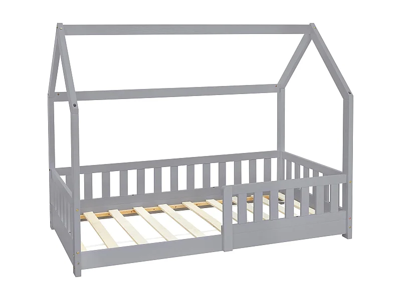 ML-Design Lettino per bambini a forma di casa 80x160 cm con tetto e rete a doghe, protezione anticaduta, legno di pino grigio, letto cameretta bimbi