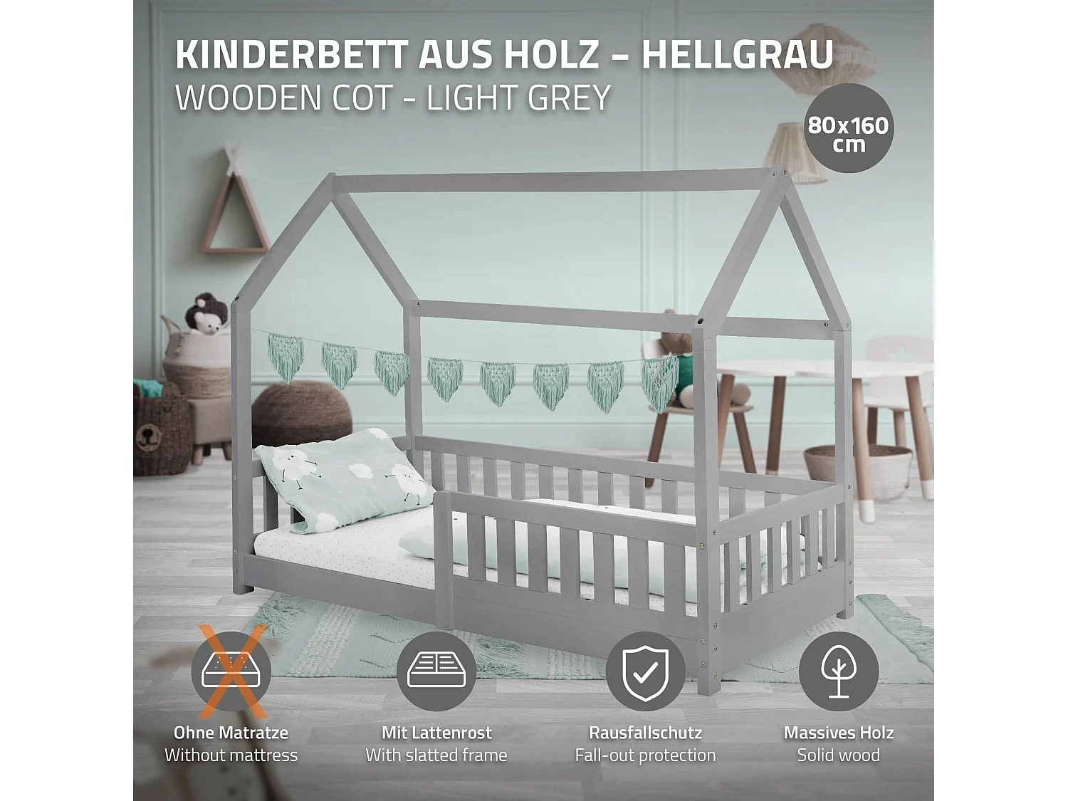 ML-Design Cama infantil casa 80x160cm color gris claro con protección anticaída y somier mobiliario con estructura de listones madera de pino maciza