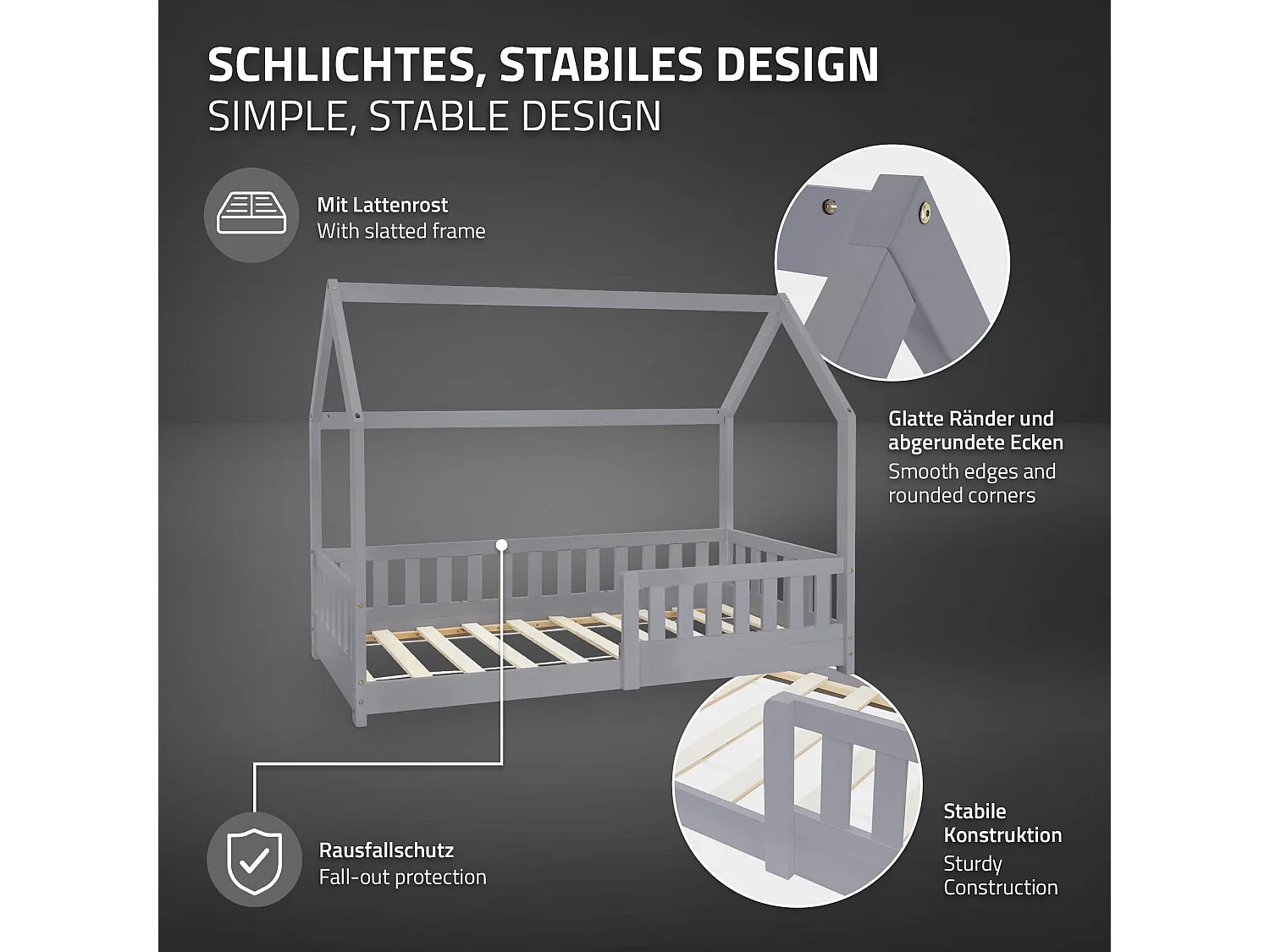 ML-Design Cama infantil casa 80x160cm color gris claro con protección anticaída y somier mobiliario con estructura de listones madera de pino maciza