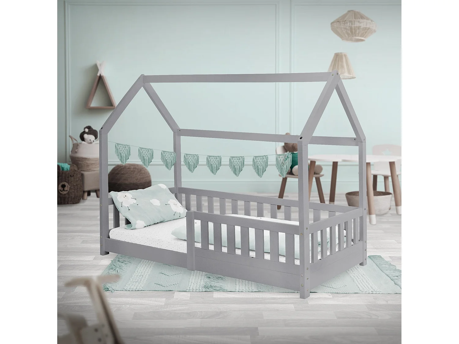 ML-Design Cama infantil casa 80x160cm color gris claro con protección anticaída y somier mobiliario con estructura de listones madera de pino maciza
