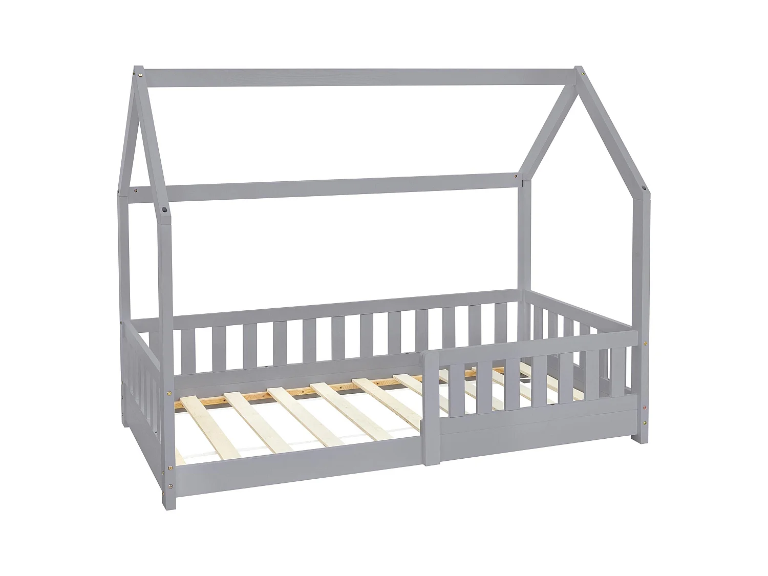 Lit d'enfants 160x80cm gris clair style maison avec toit et sommier à lattes protection contre chutes bois de pin massif filles/garçons de 3 à 10 ans