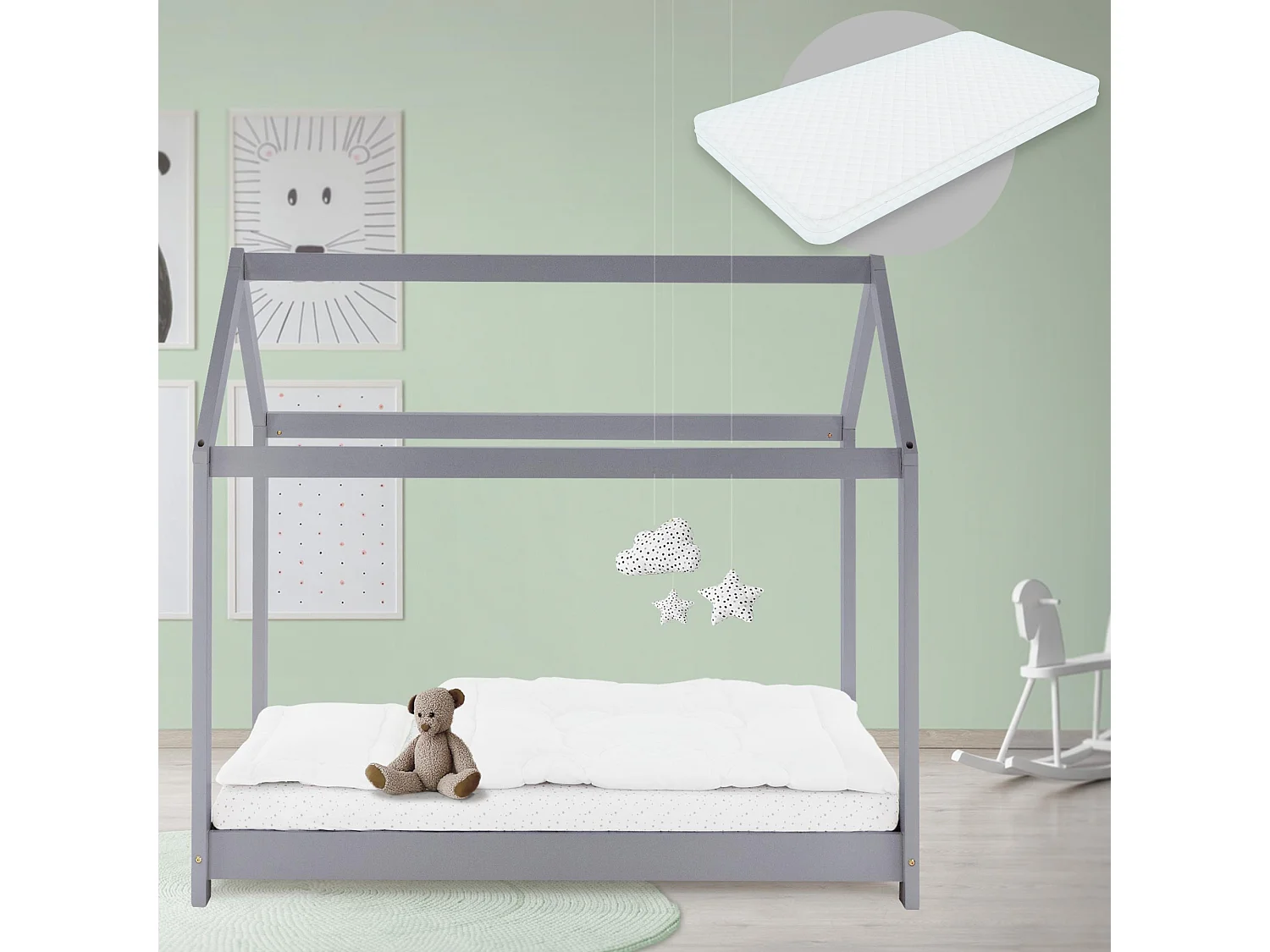 Lit d'enfants 80x160 cm gris clair forme de maison bois de pin massif avec matelas housse amovible sommier à lattes cadre de lit pour filles garçons