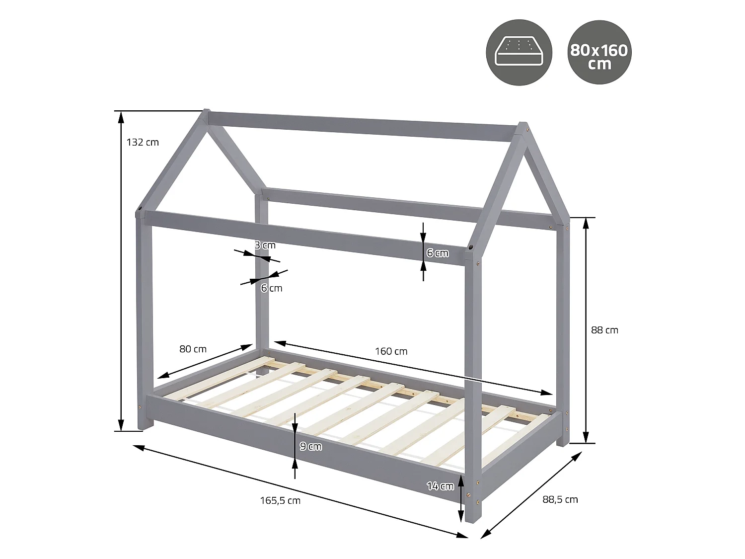 Lit d'enfants 80x160 cm gris clair forme de maison bois de pin massif avec matelas housse amovible sommier à lattes cadre de lit pour filles garçons