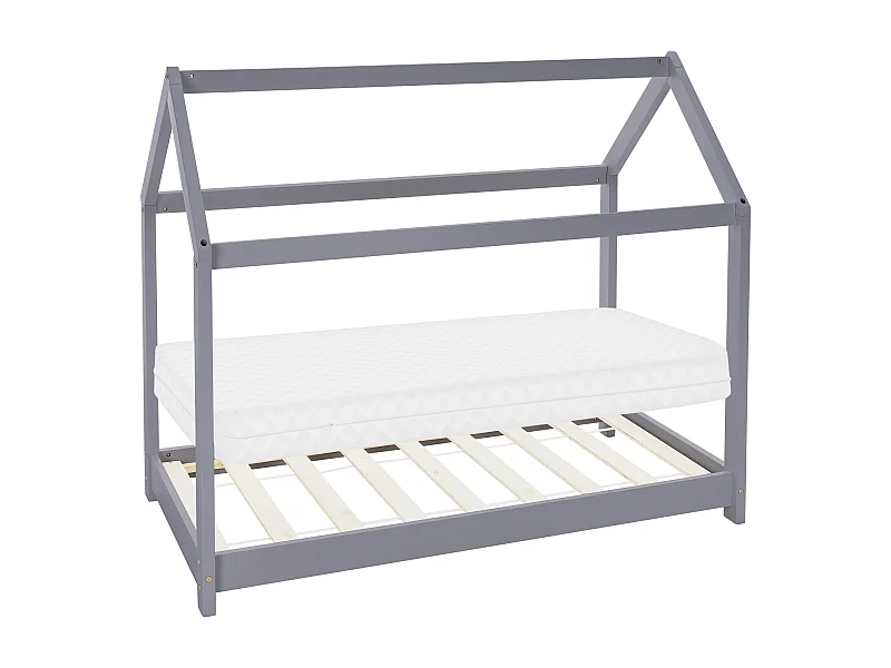 Lit d'enfants 80x160 cm gris clair forme de maison bois de pin massif avec matelas housse amovible sommier à lattes cadre de lit pour filles garçons