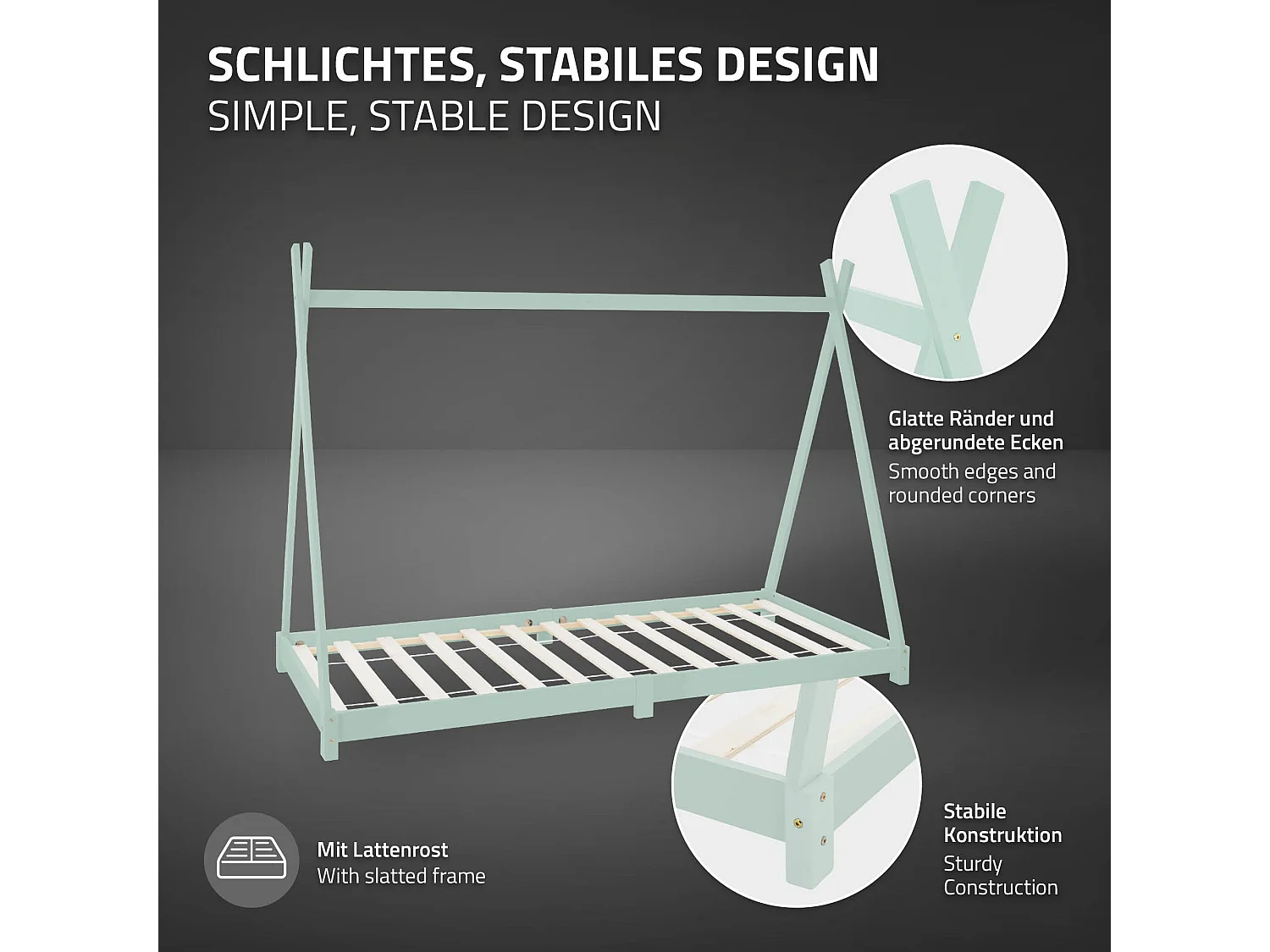 Lit d'enfants Tipi 90x200cm menthe sommier à lattes menthe bois de pin massif tente indien cadre de lit stable robuste lit simple de jeu d`adolescents
