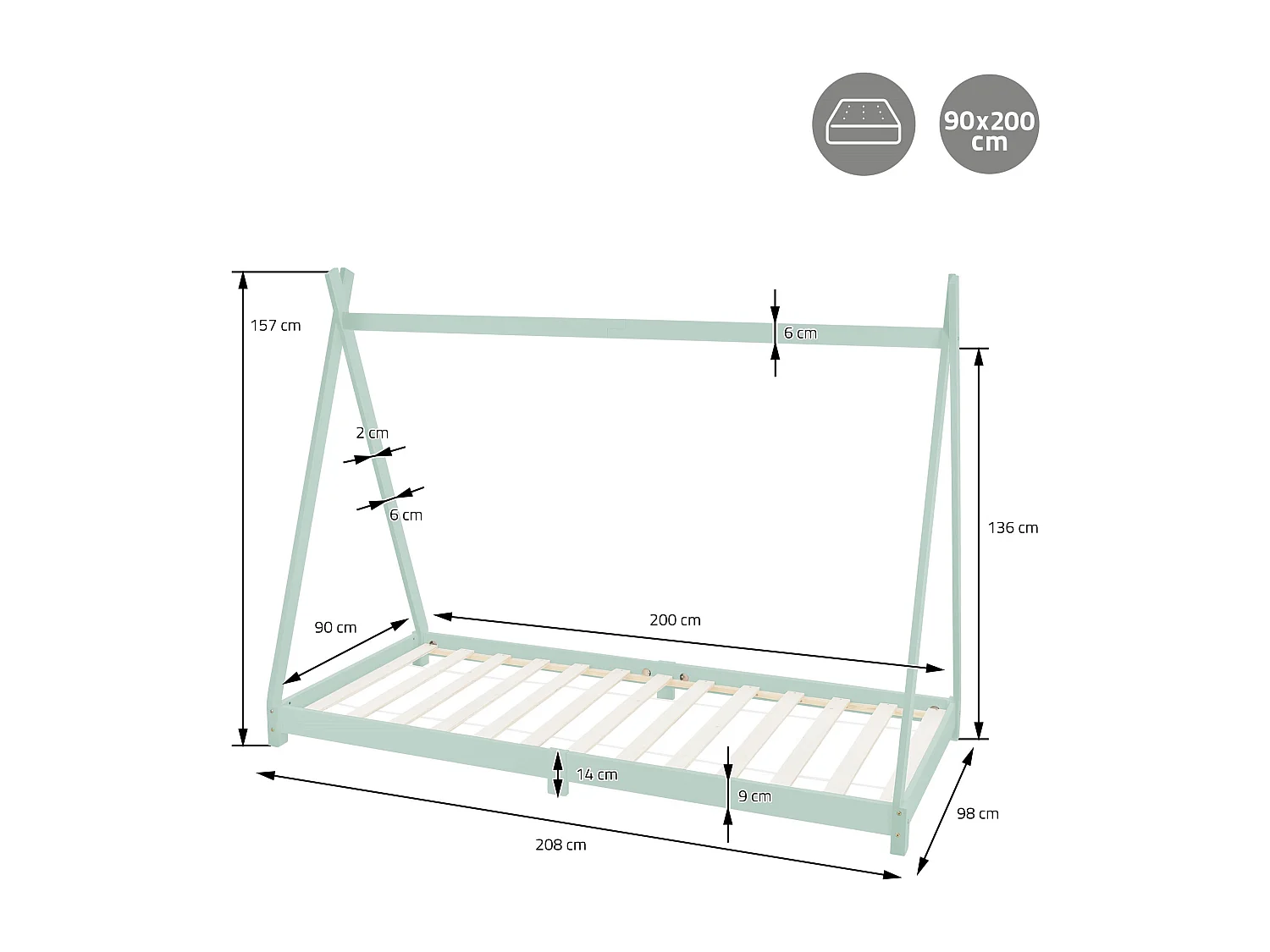 Lit d'enfants Tipi 90x200cm menthe sommier à lattes menthe bois de pin massif tente indien cadre de lit stable robuste lit simple de jeu d`adolescents
