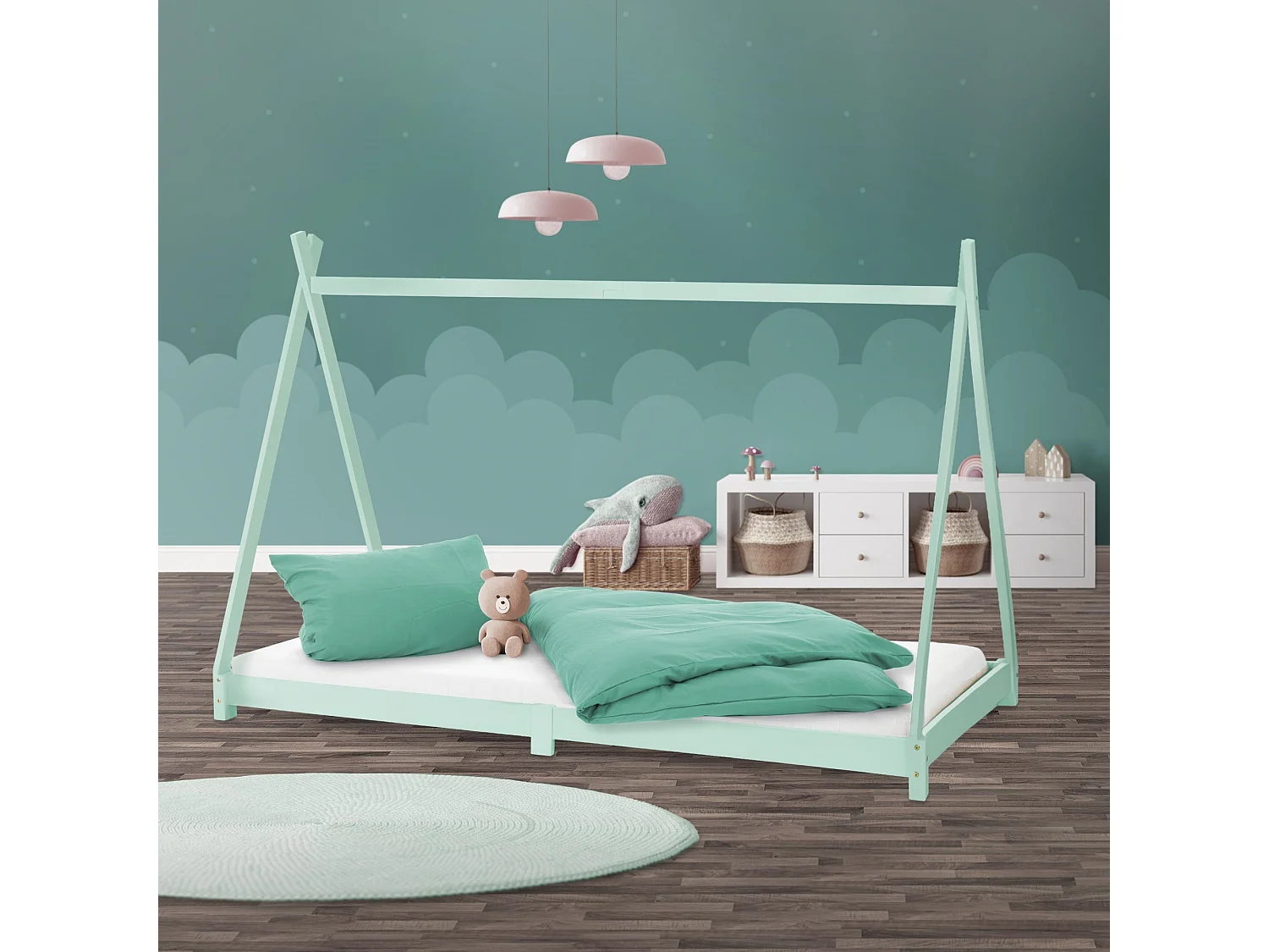 Lit d'enfants Tipi 90x200cm menthe sommier à lattes menthe bois de pin massif tente indien cadre de lit stable robuste lit simple de jeu d`adolescents