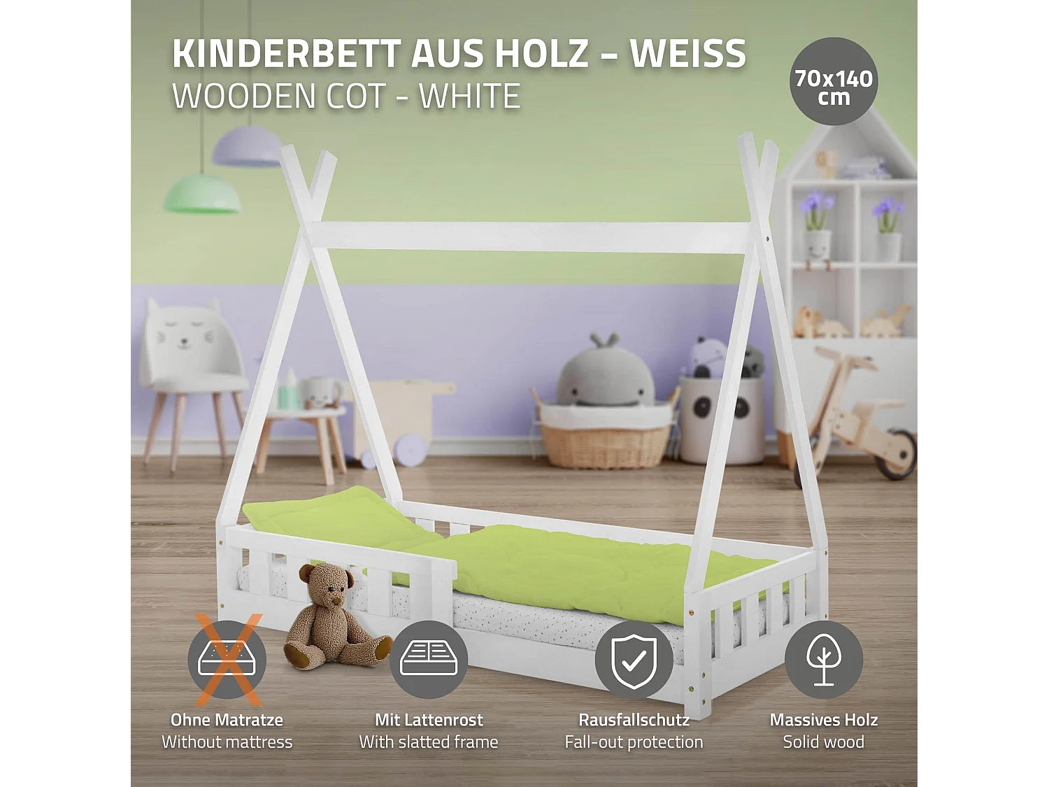 ML-Design Cama infantil tipi 70x140 cm color blanco con protección anticaída y somier mobiliario con estructura de listones de madera de pino maciza