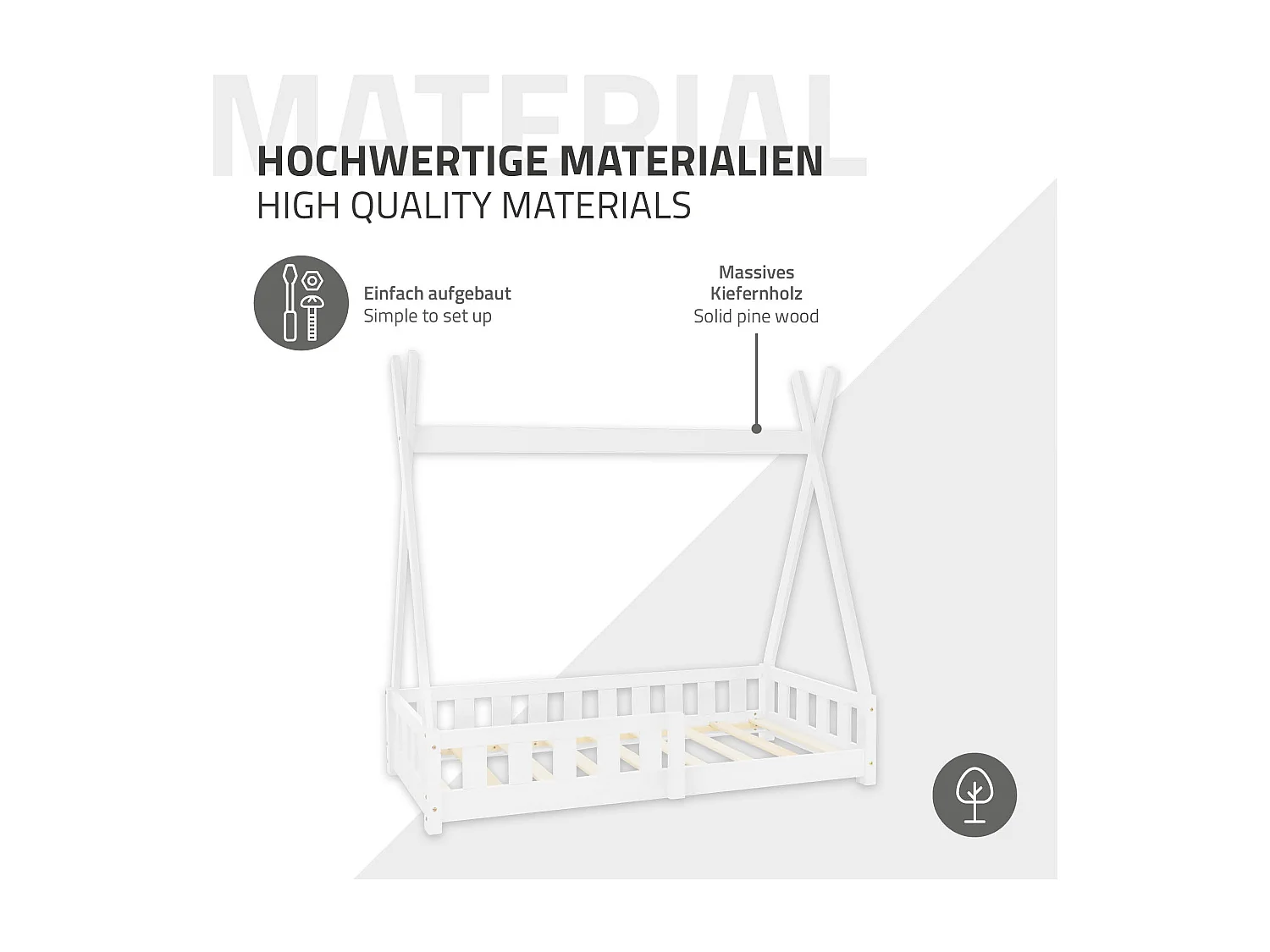 ML-Design Cama infantil tipi 70x140 cm color blanco con protección anticaída y somier mobiliario con estructura de listones de madera de pino maciza