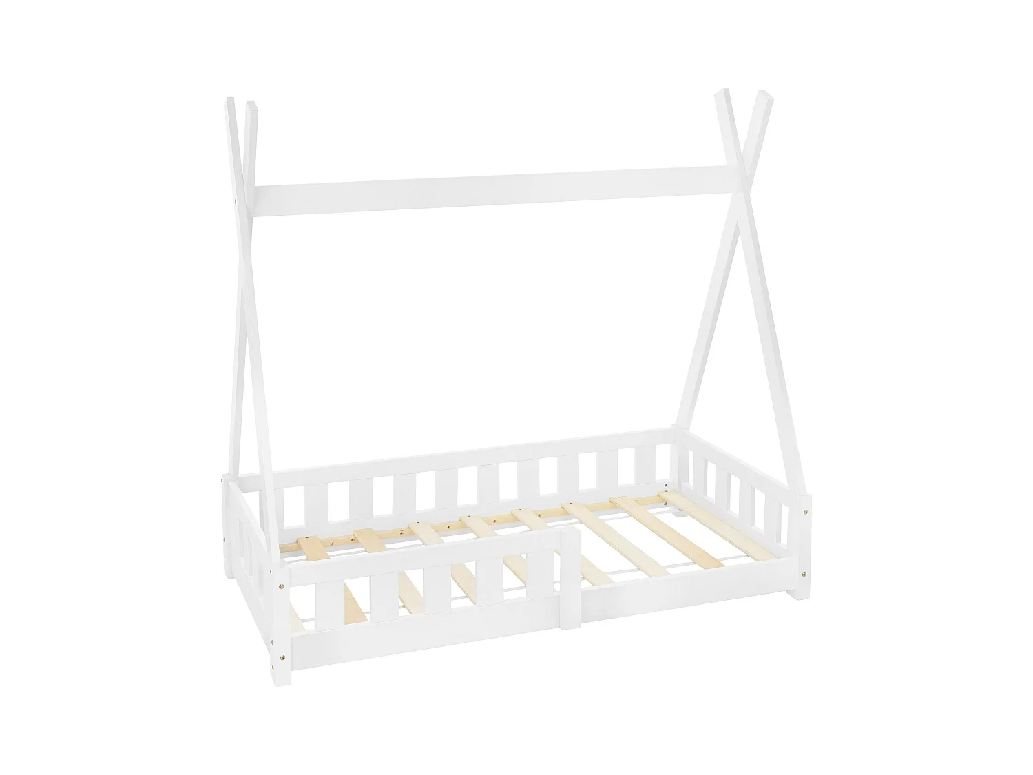 Lit d'enfants Tipi 140x70 cm blanc style maison avec protection sommier à lattes grille de sécurité en bois de pin massif tente indien filles/garçons